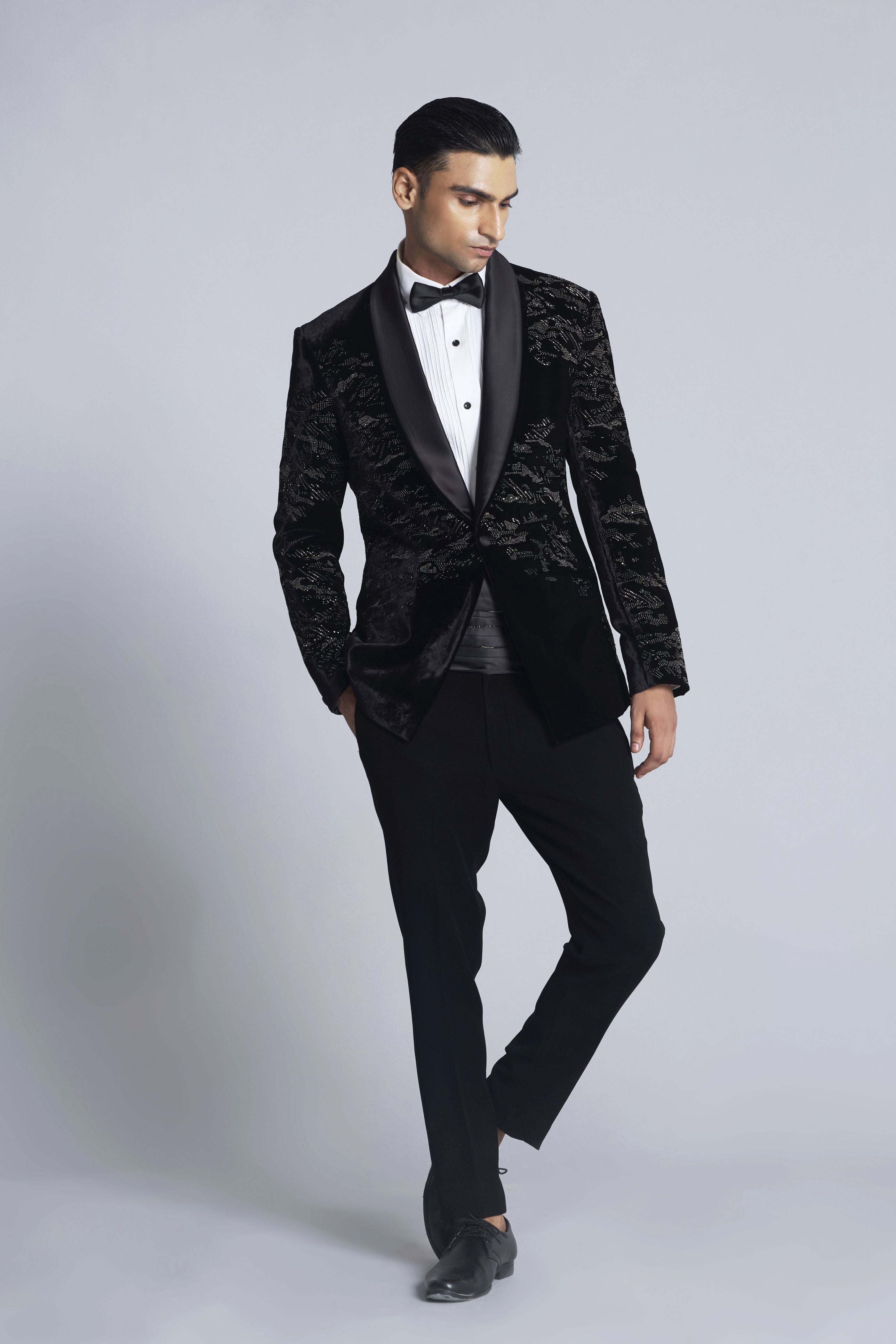 Black velvet Pearl Embroidered Tuxedo Sets