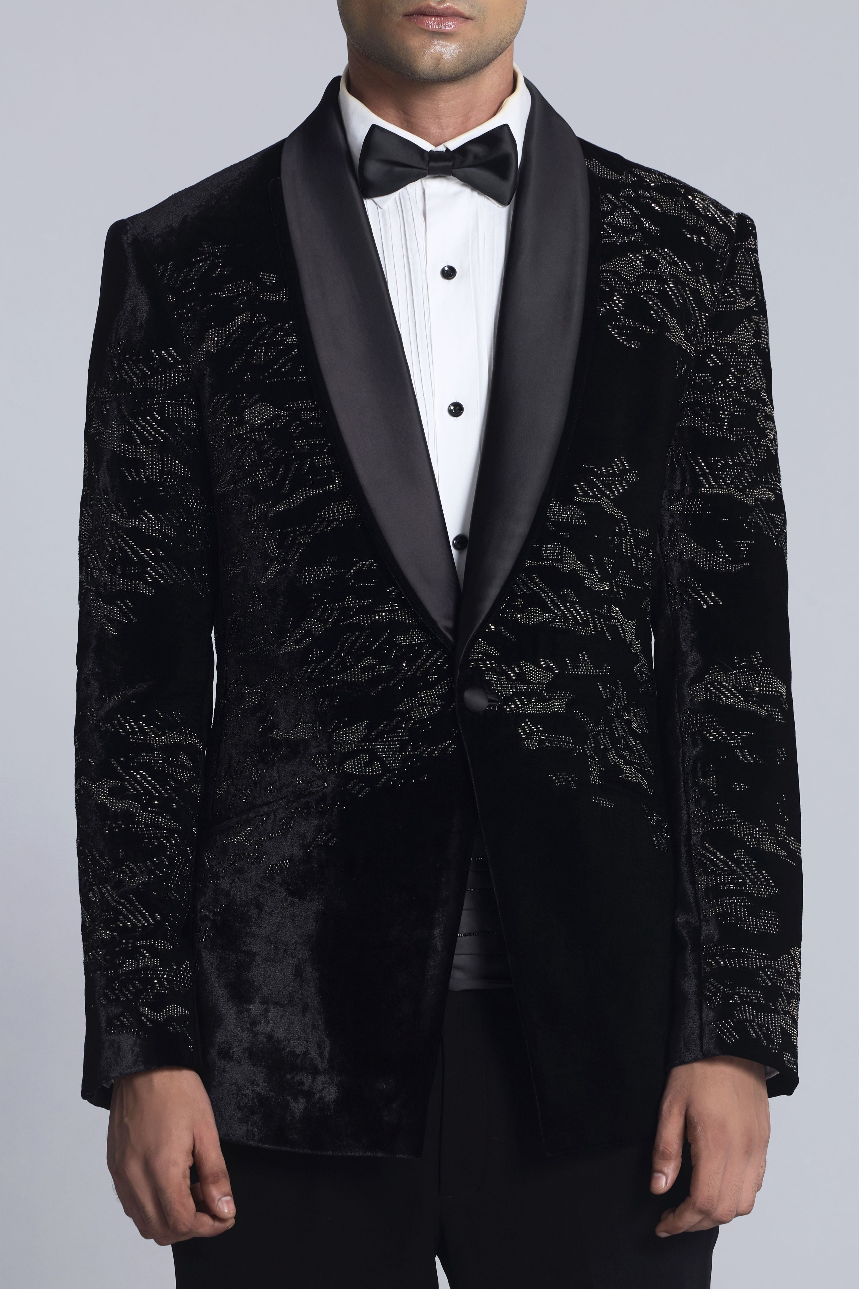 Black velvet Pearl Embroidered Tuxedo Sets