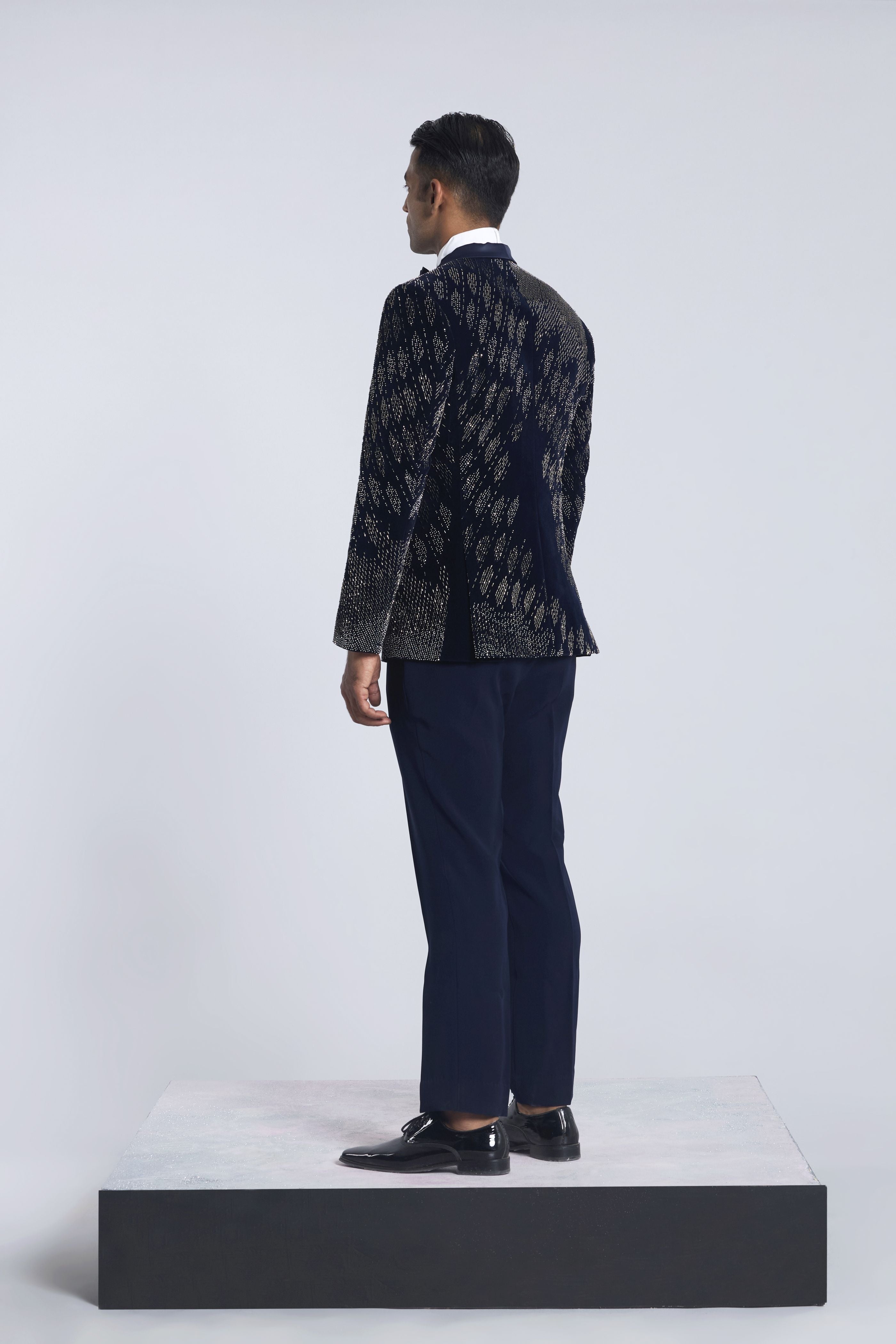 Navy blue velvet 
Pearl Embroidered 
Tuxedo Set