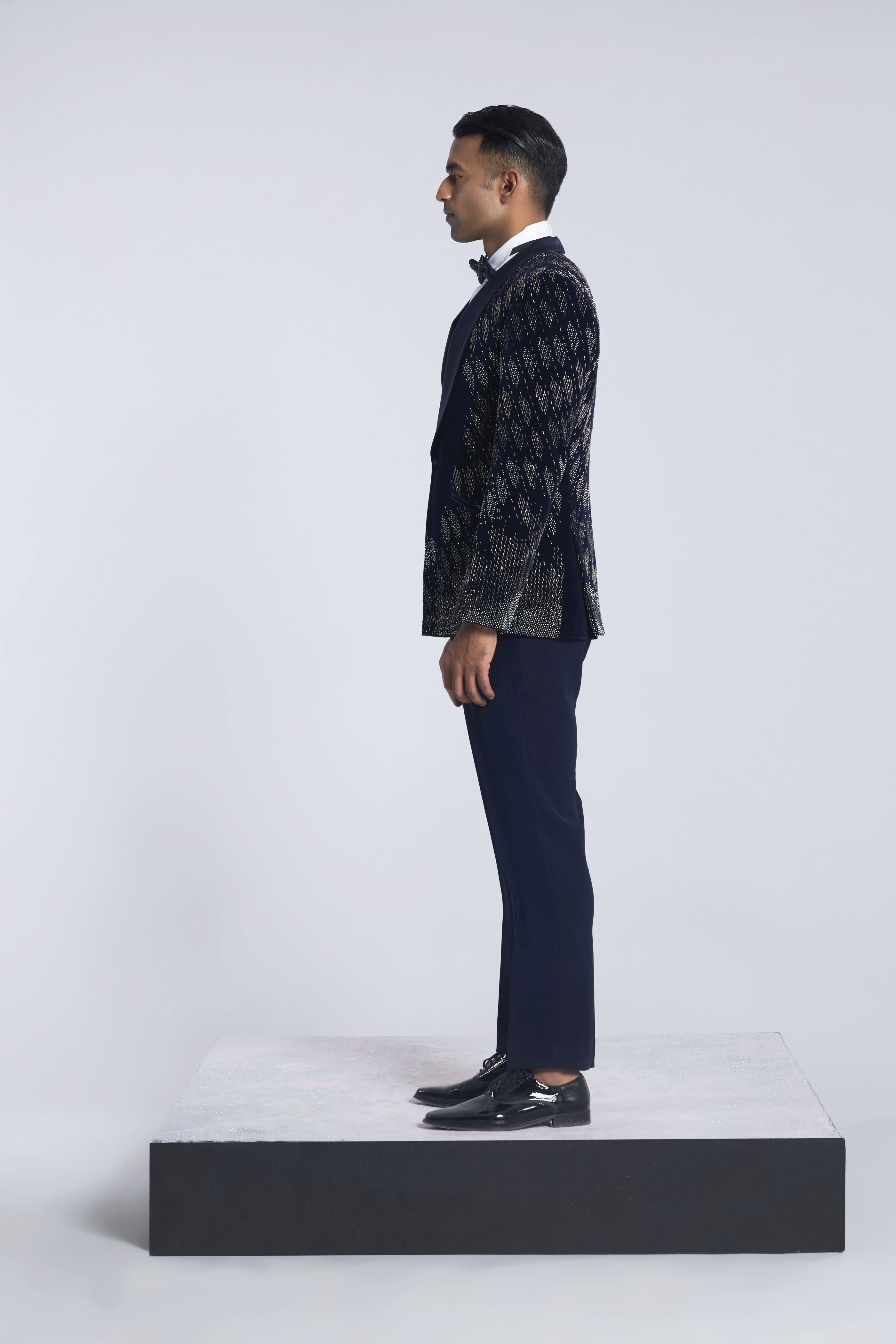 Navy blue velvet 
Pearl Embroidered 
Tuxedo Set