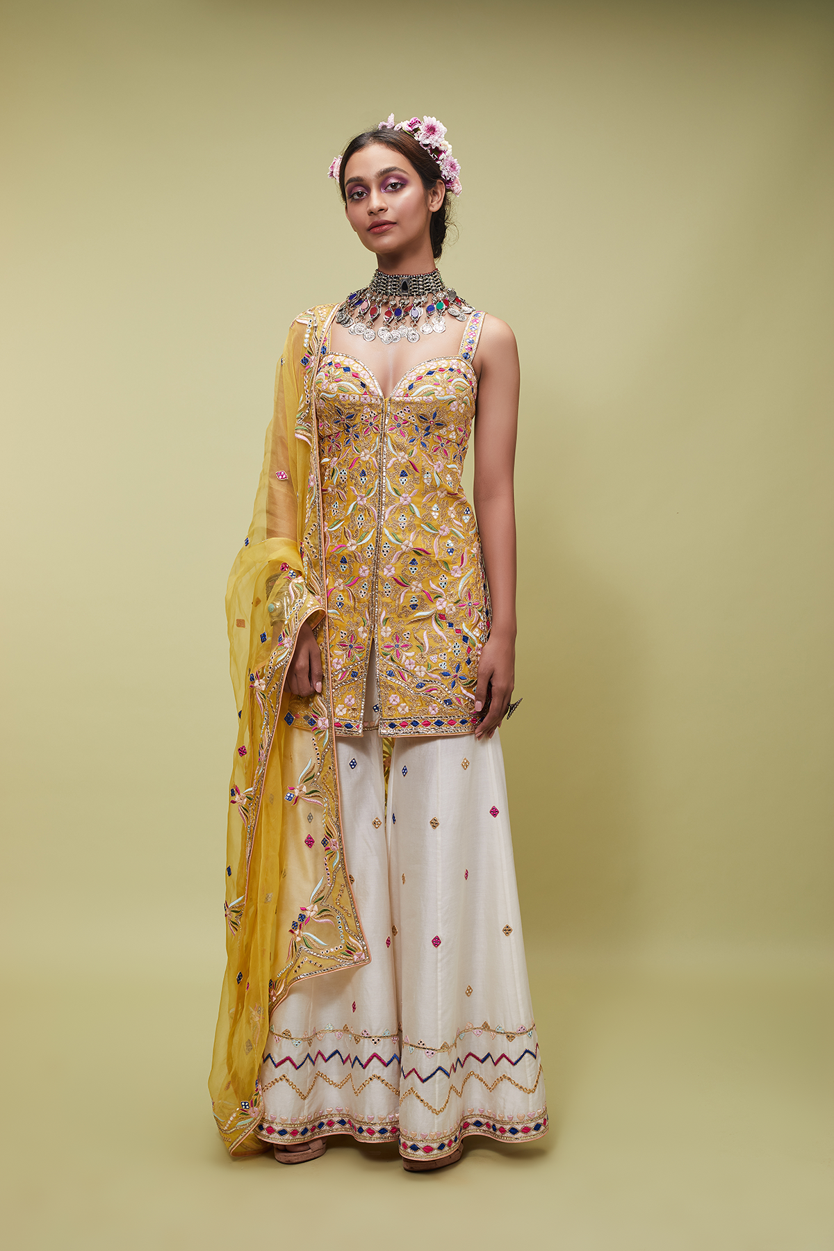 MUSTARD KURTA WITH IVORY GHARARA