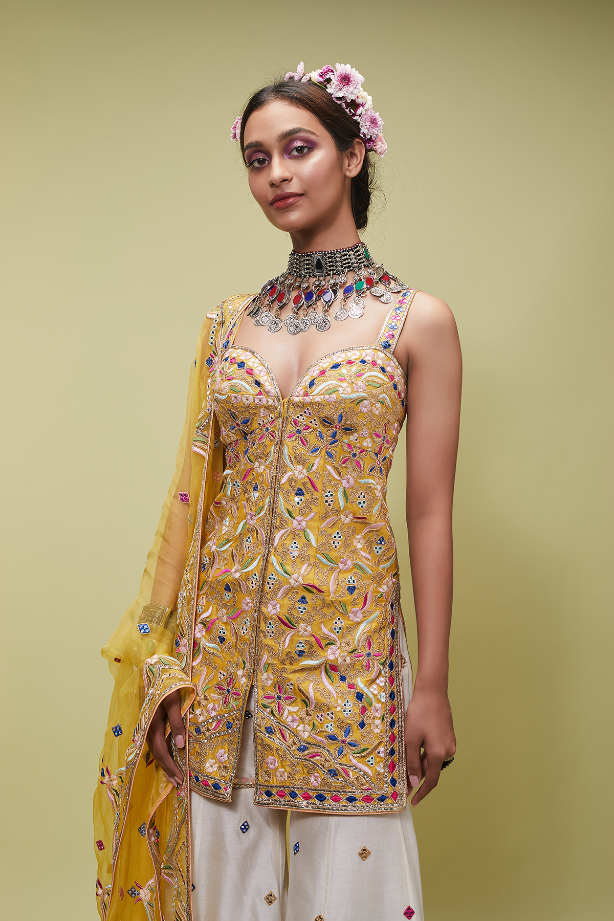 MUSTARD KURTA WITH IVORY GHARARA