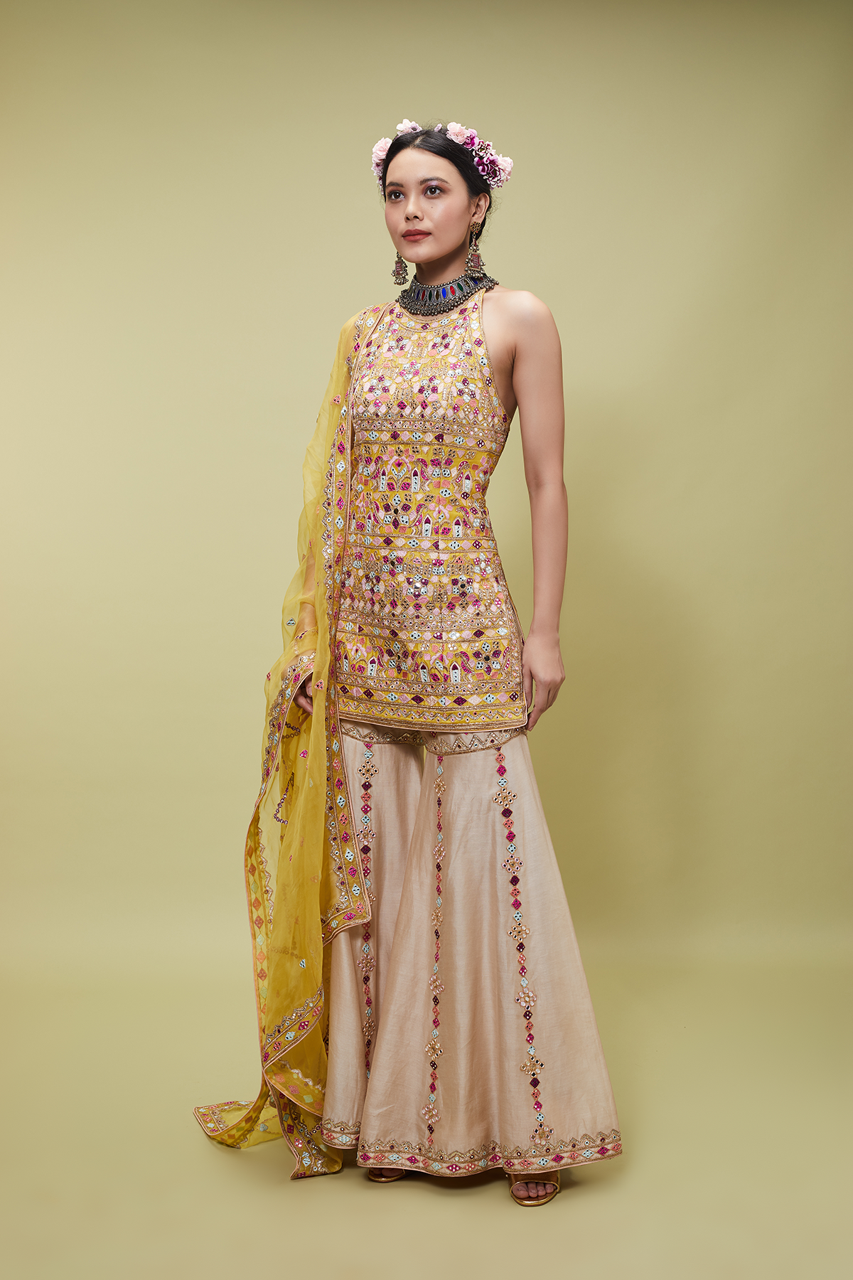MUSTARD KURTA WITH BEIGE GHARARA