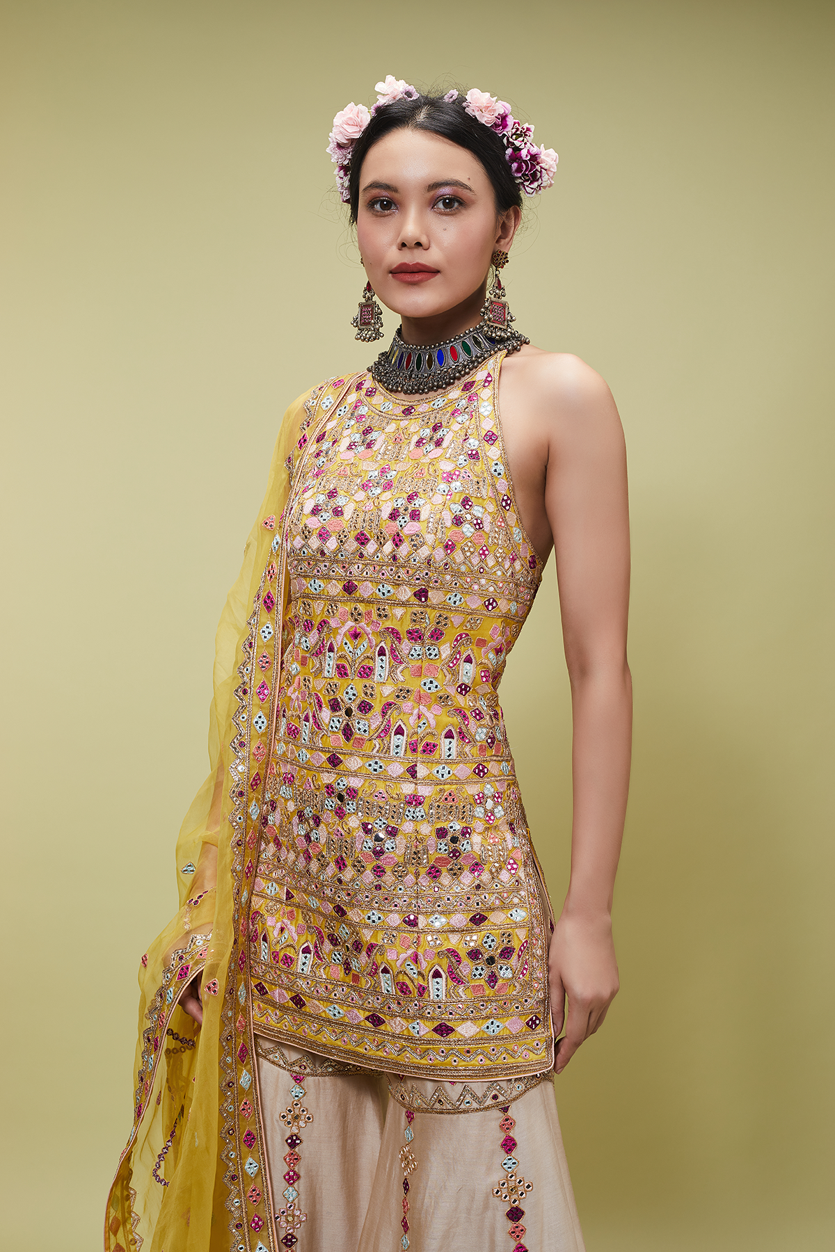 MUSTARD KURTA WITH BEIGE GHARARA