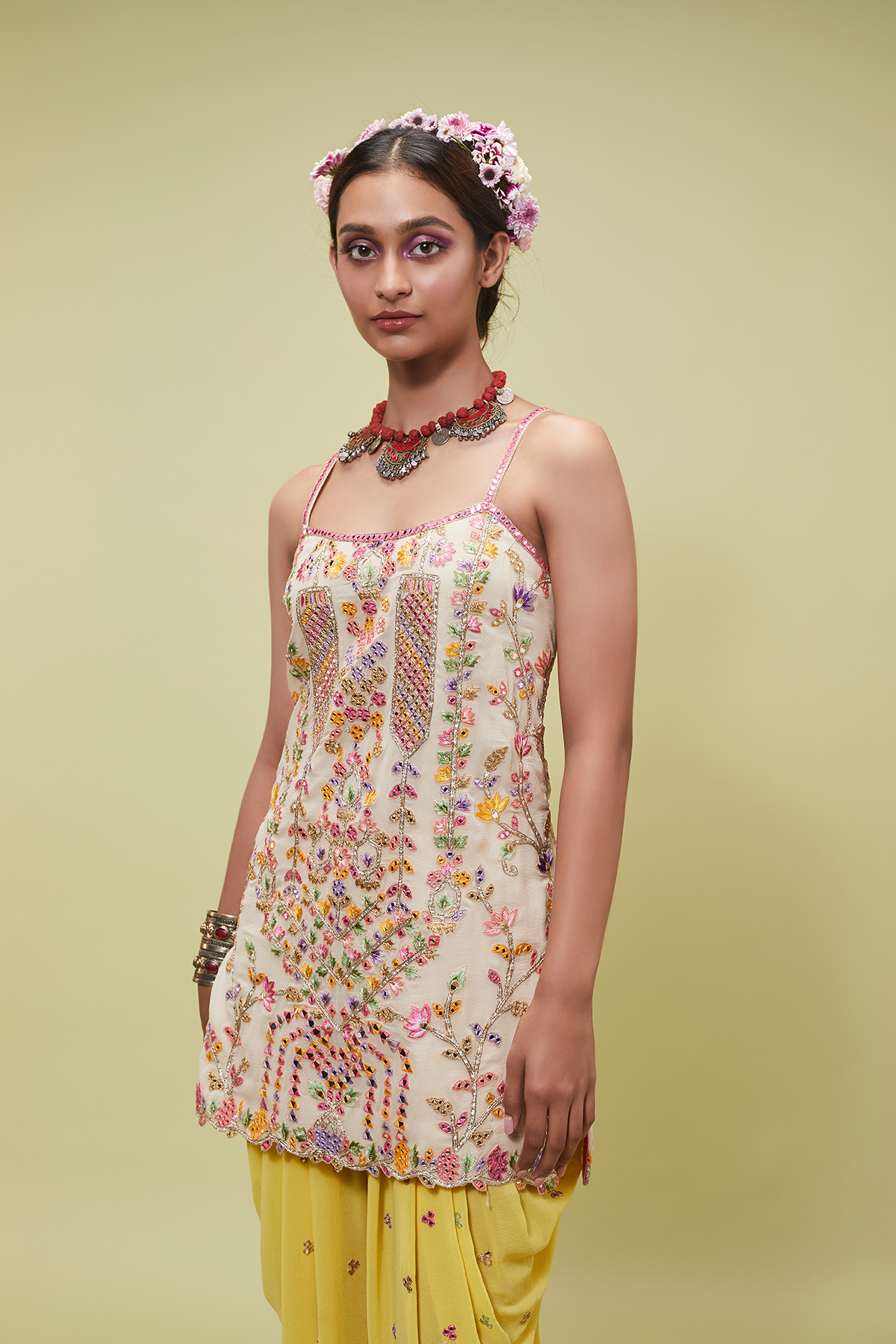IVORY STRAPPY KURTA WITH YELLOW COWL BOTTOMS