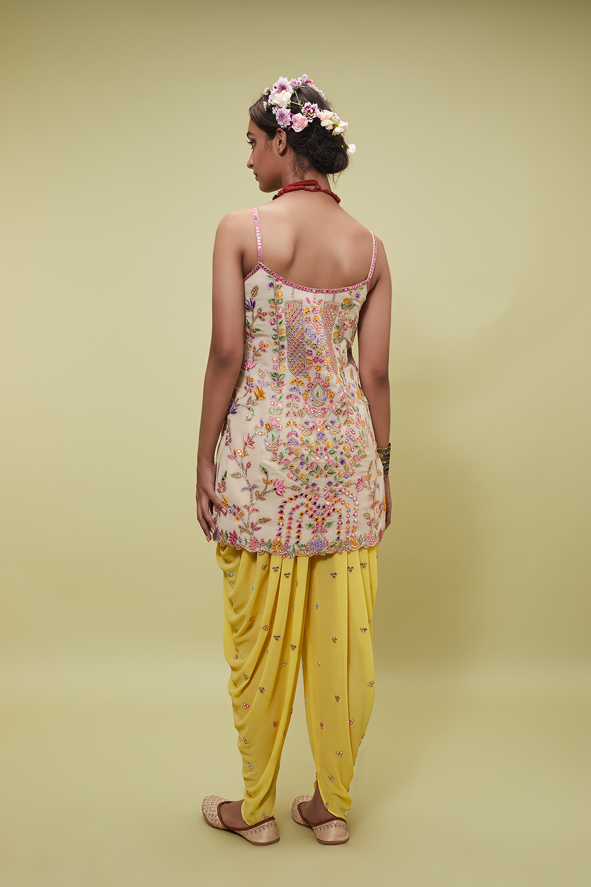 IVORY STRAPPY KURTA WITH YELLOW COWL BOTTOMS
