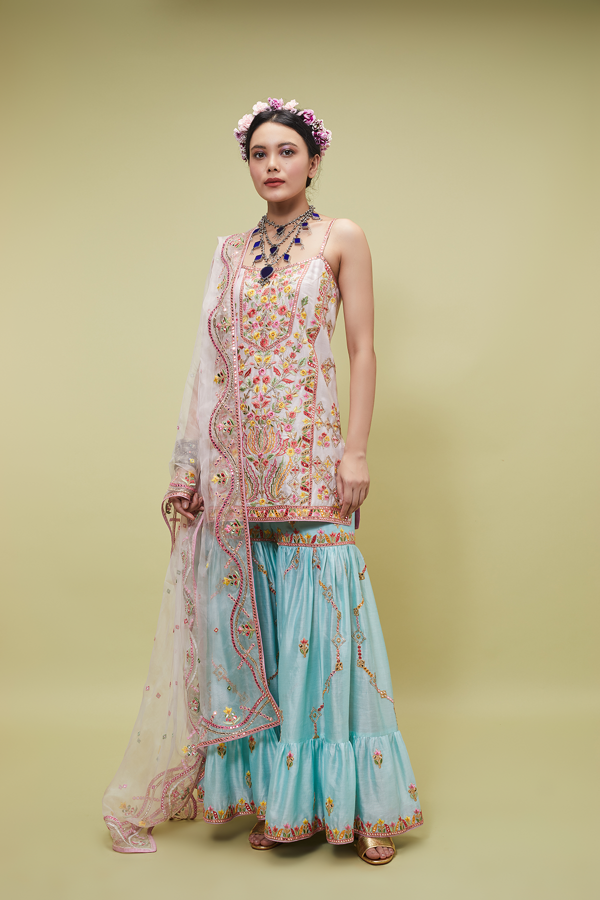 LIGHT PINK KURTA WITH BLUE CHANDERI GHARARA
