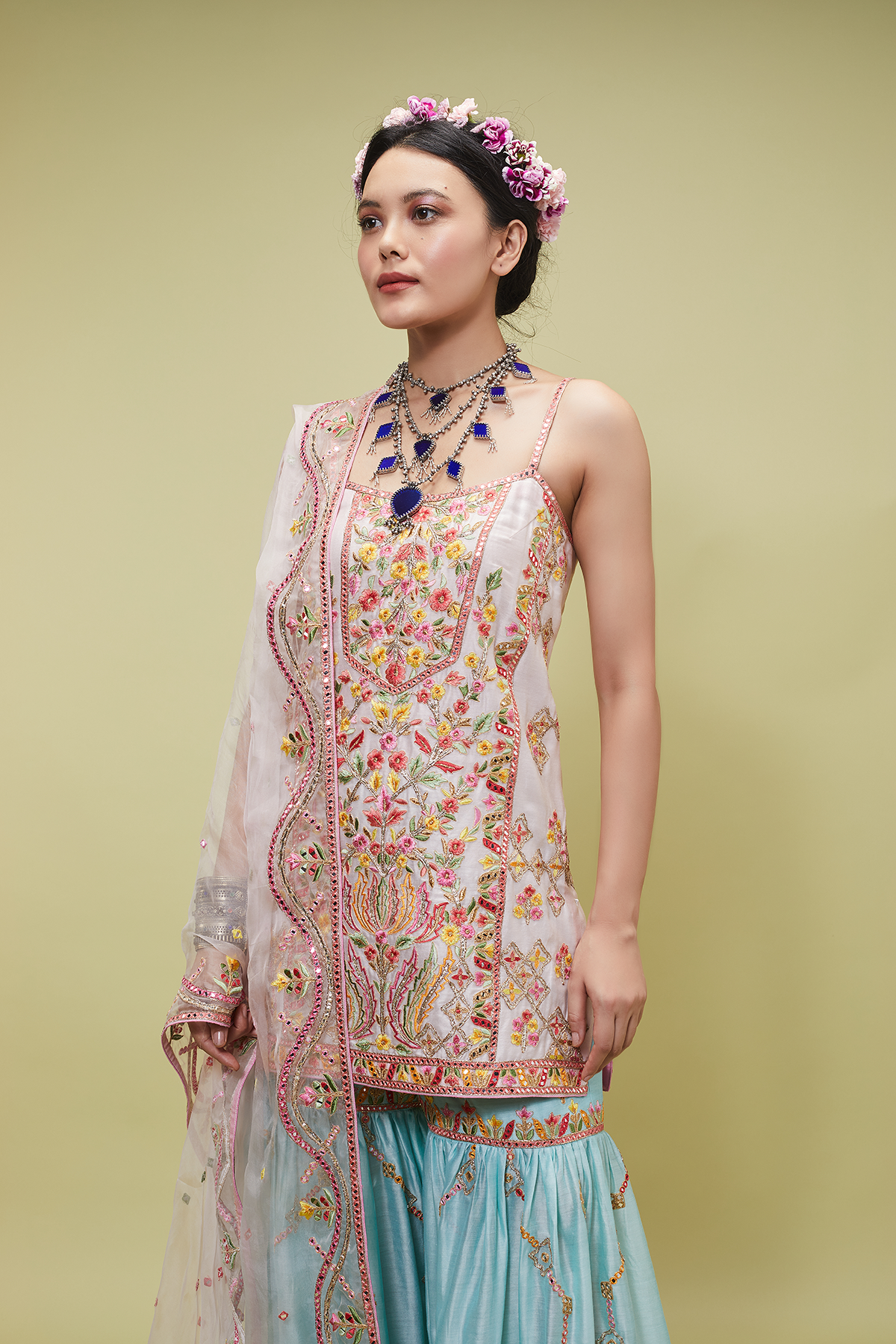 LIGHT PINK KURTA WITH BLUE CHANDERI GHARARA
