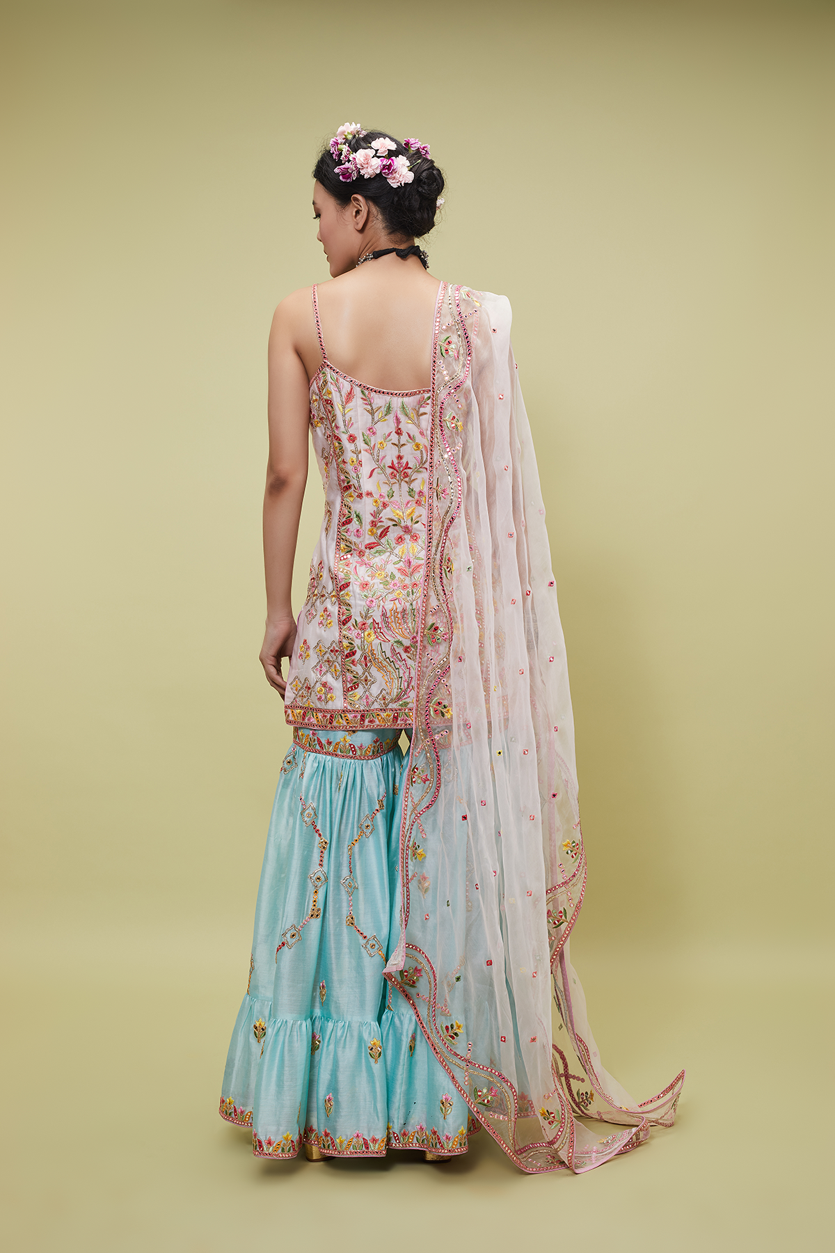 LIGHT PINK KURTA WITH BLUE CHANDERI GHARARA