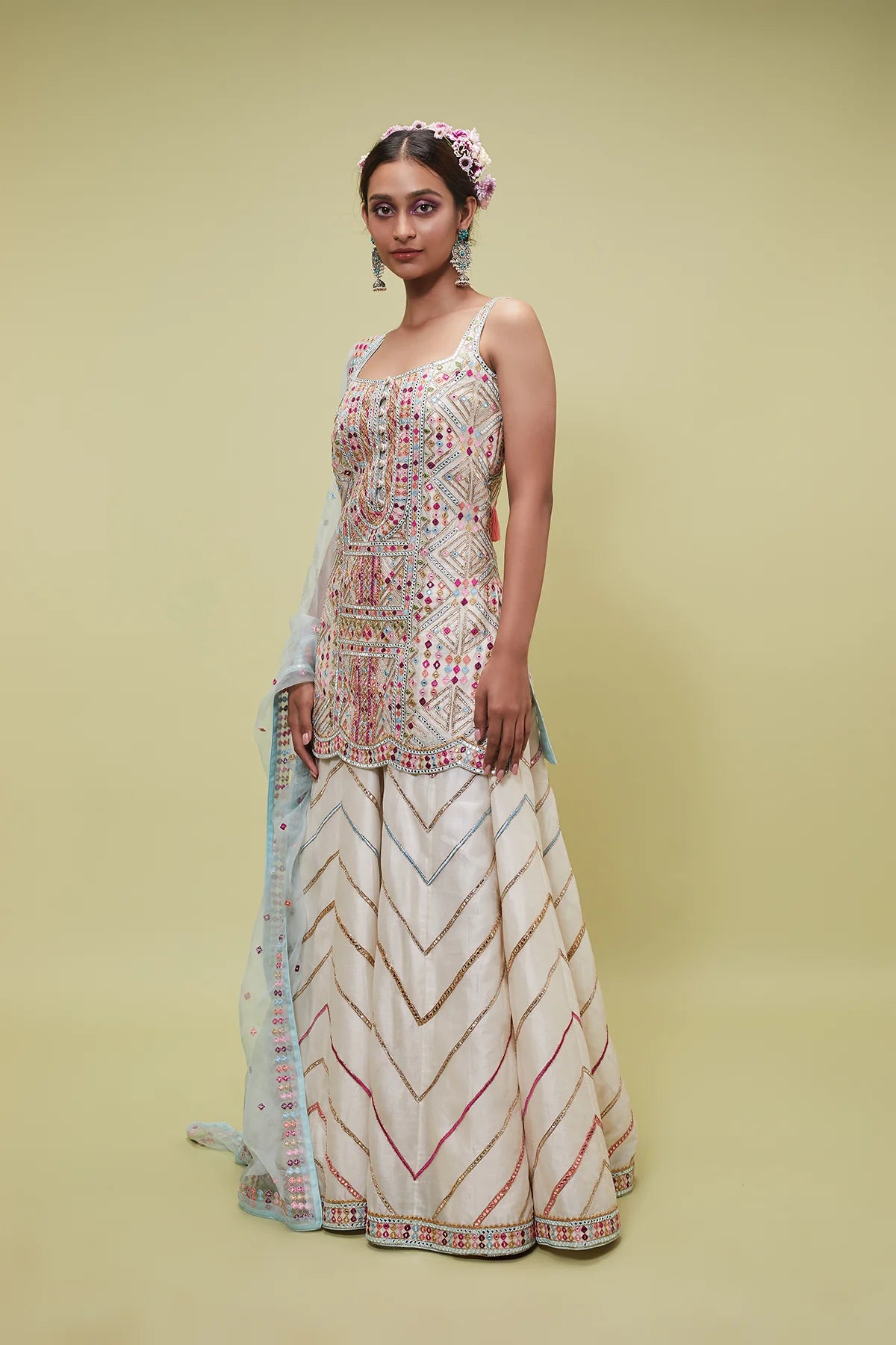 IVORY SHARARA SET WITH BLUE ORGANZA DUPATTA