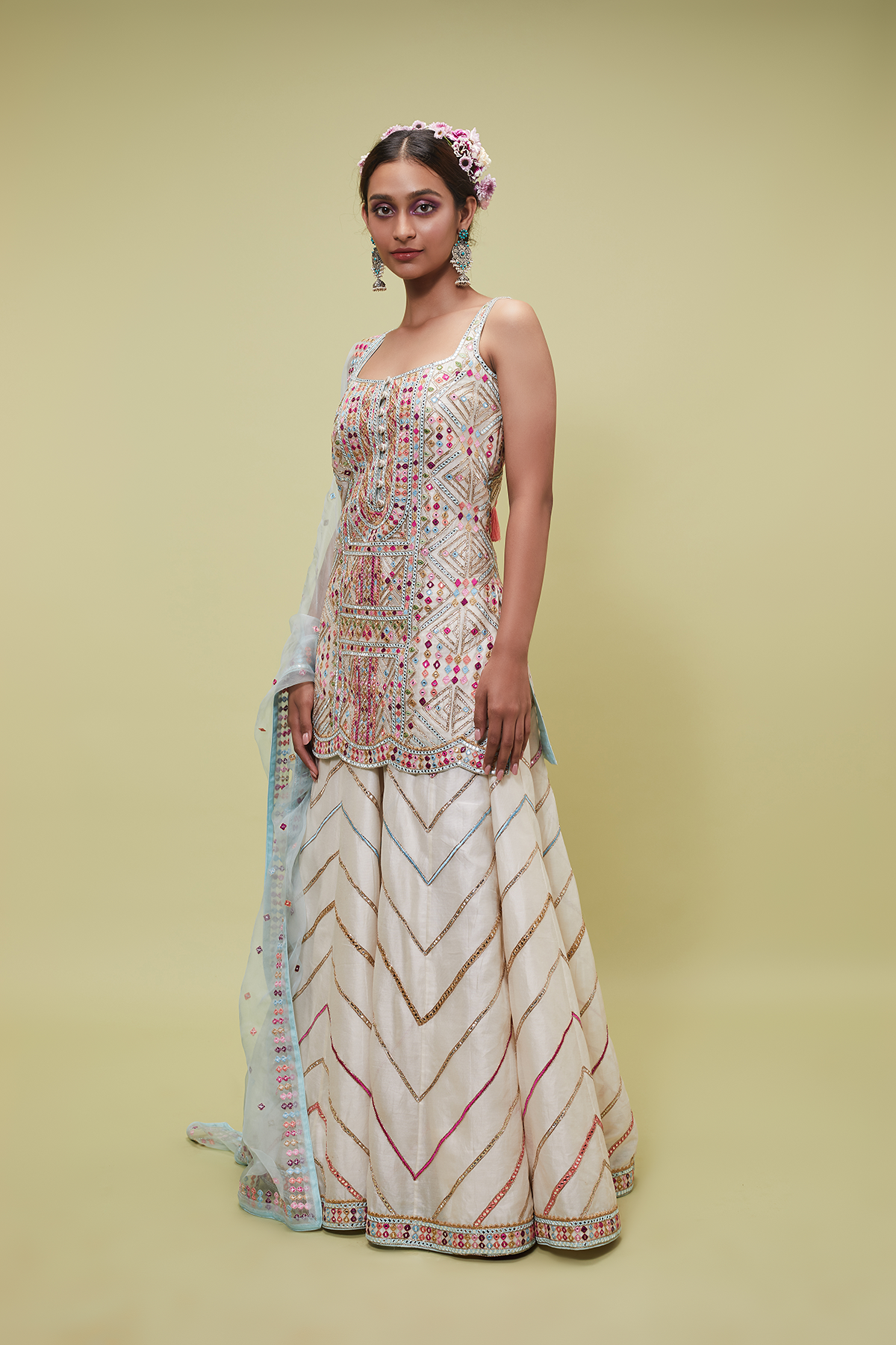 IVORY SHARARA SET WITH BLUE ORGANZA DUPATTA