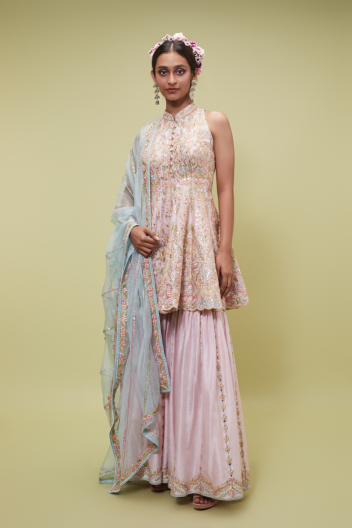 PINK KALIDAAR PEPLUM STYLE KURTA WITH GHARARA BOTTOMS