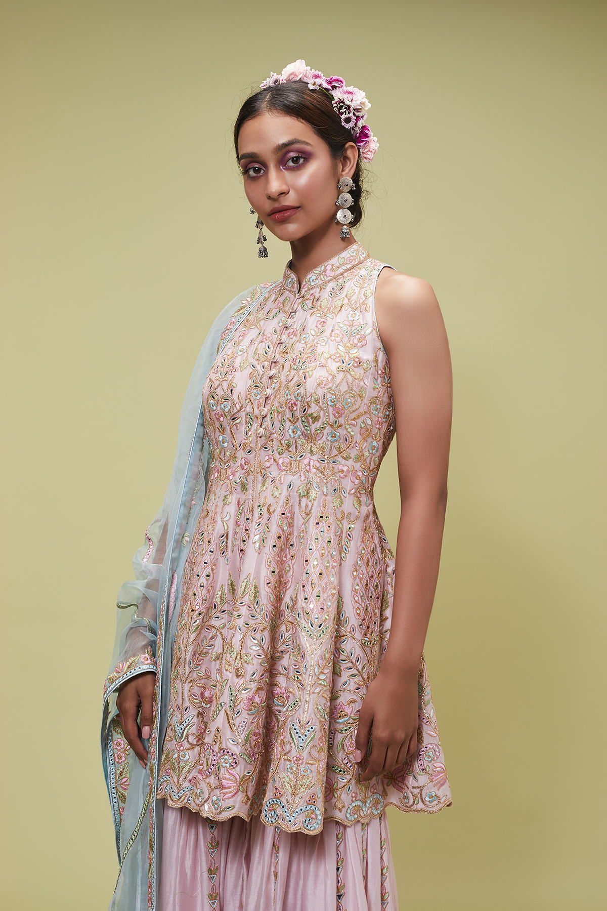PINK KALIDAAR PEPLUM STYLE KURTA WITH GHARARA BOTTOMS