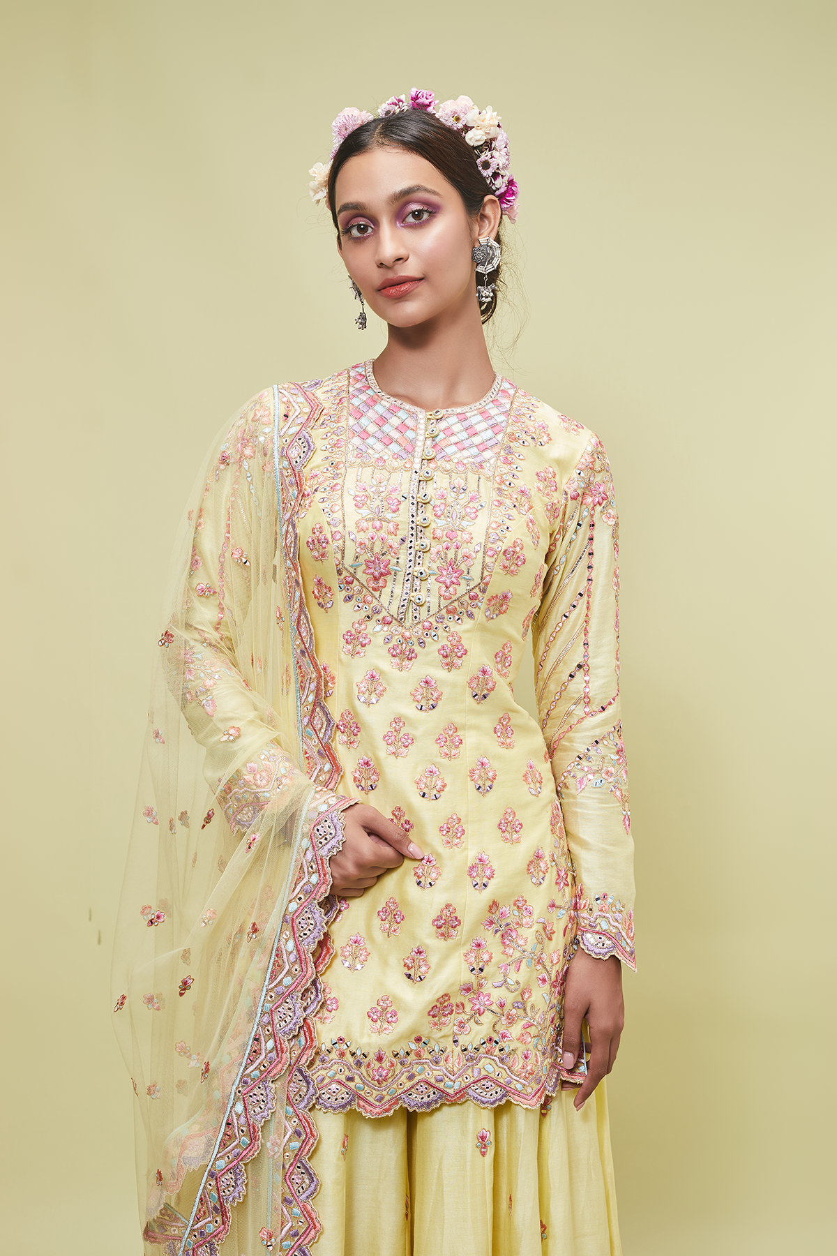 YELLOW RESHAM SHARARA SET