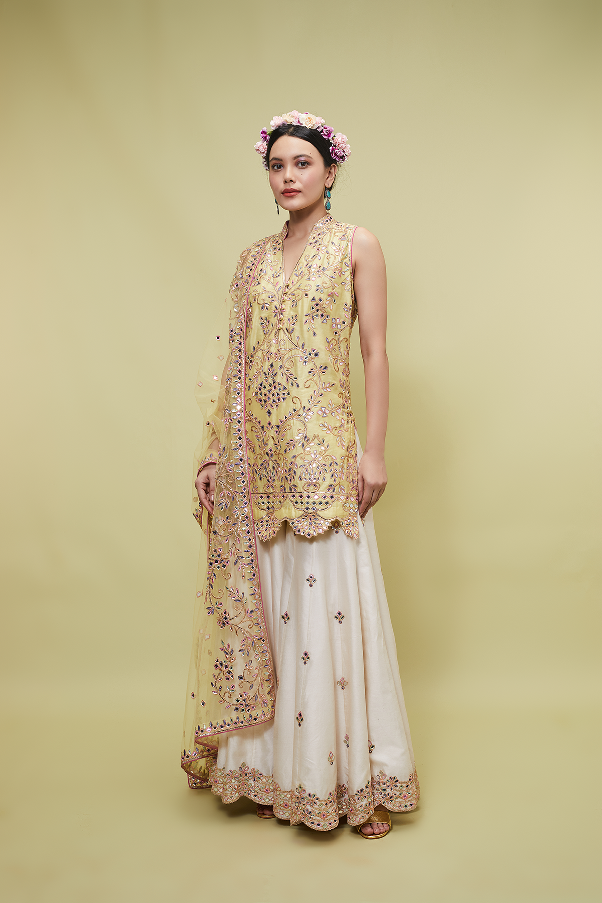 YELLOW KURTA WITH IVORY SHARARA SET