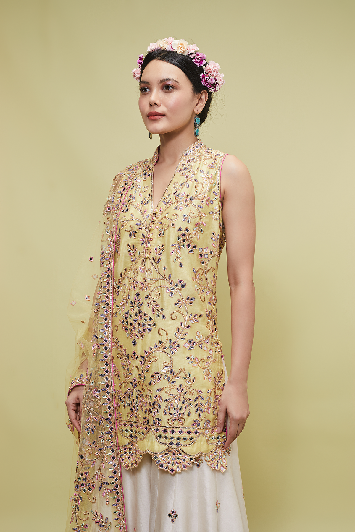YELLOW KURTA WITH IVORY SHARARA SET