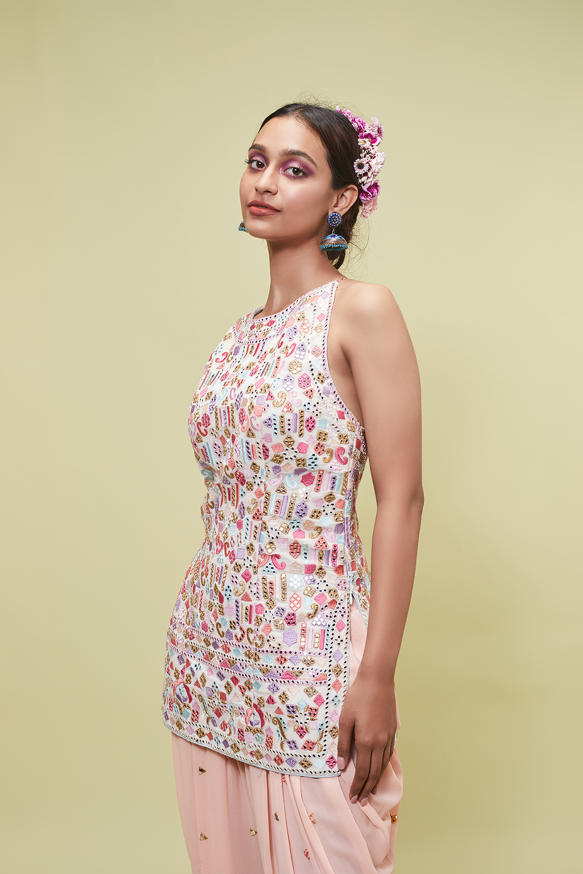 IVORY HIGH NECK KURTA WITH COWL PANTS