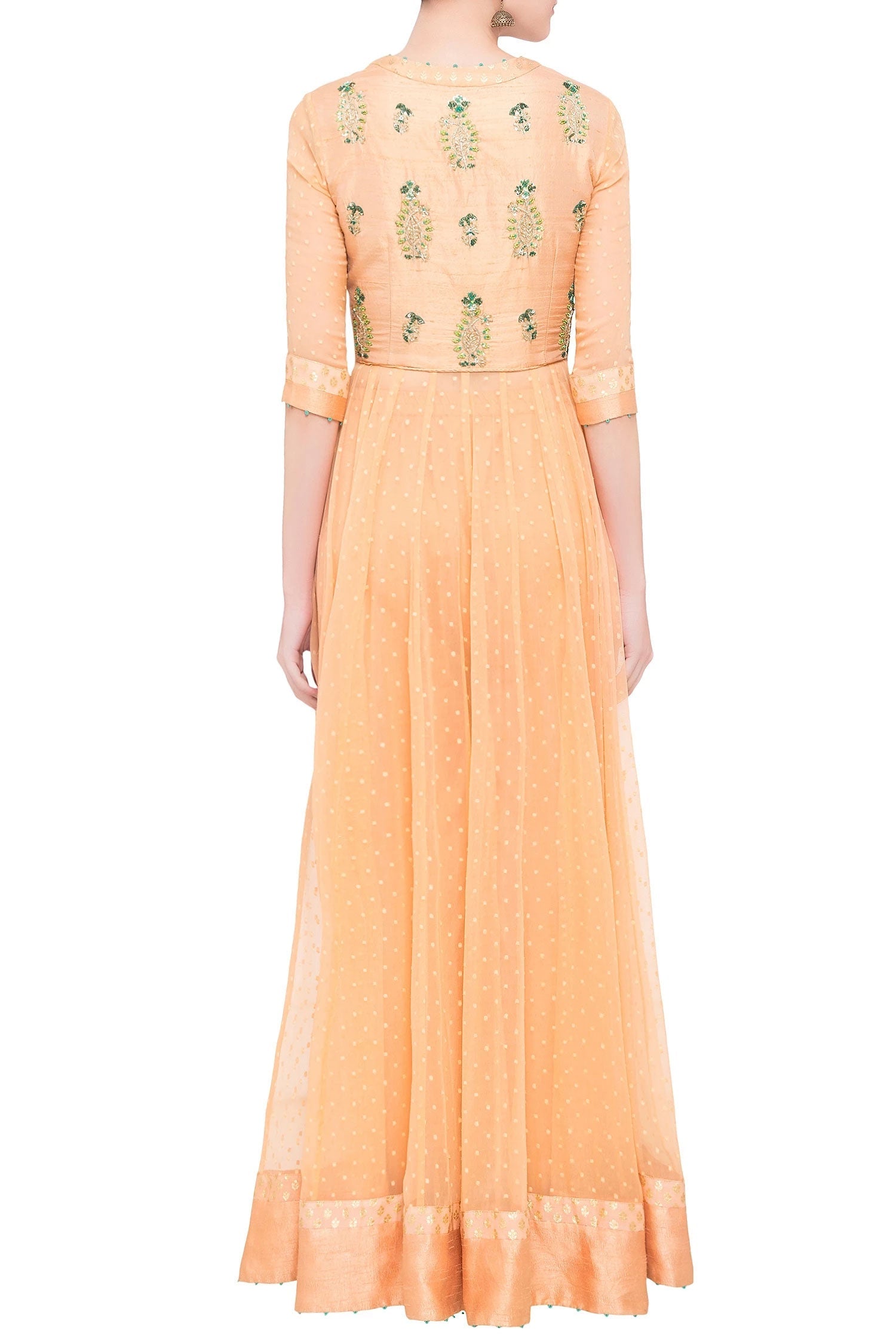 Peach raw silk zardozi anarkali set with green dupatta