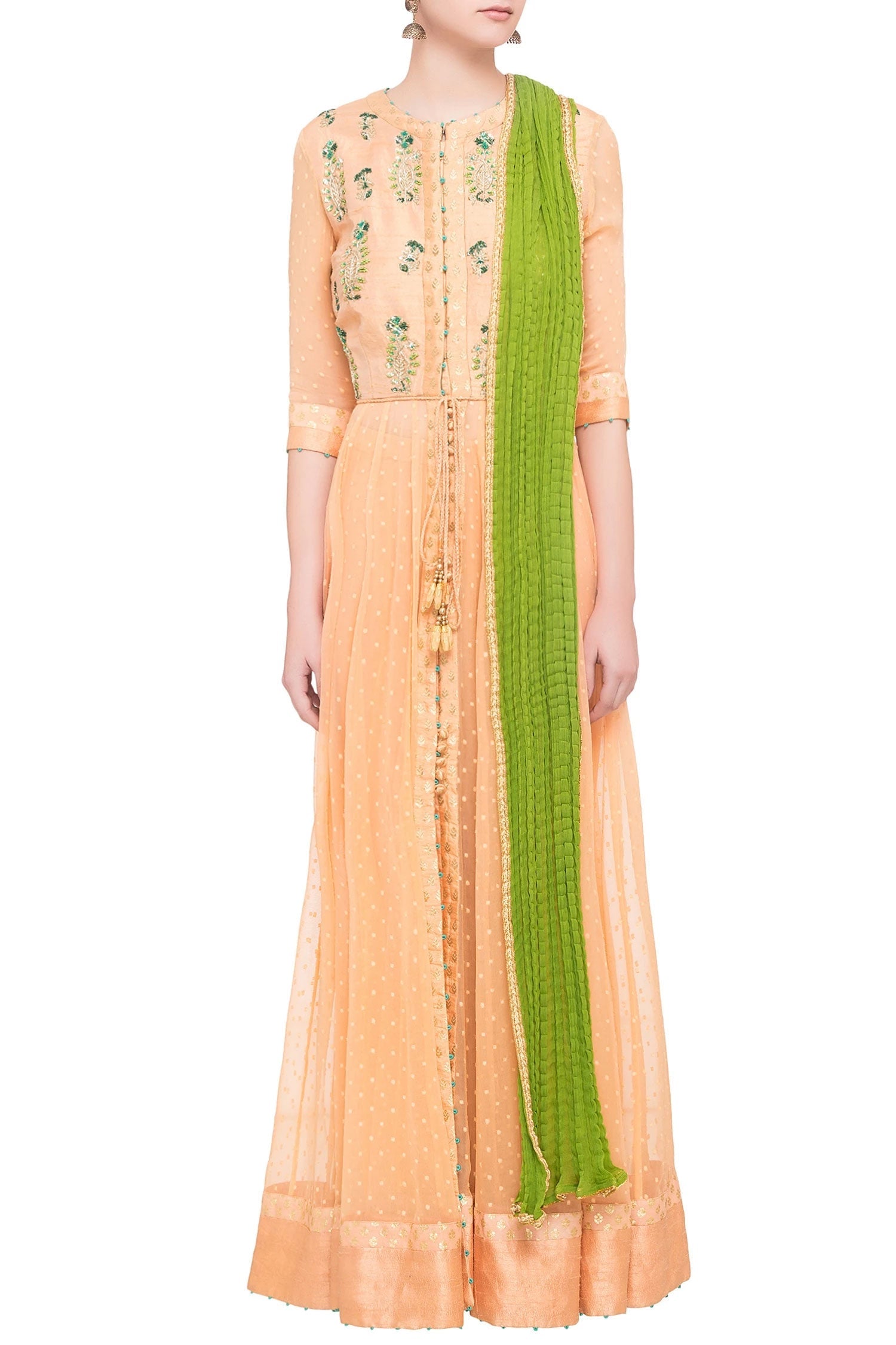 Peach raw silk zardozi anarkali set with green dupatta