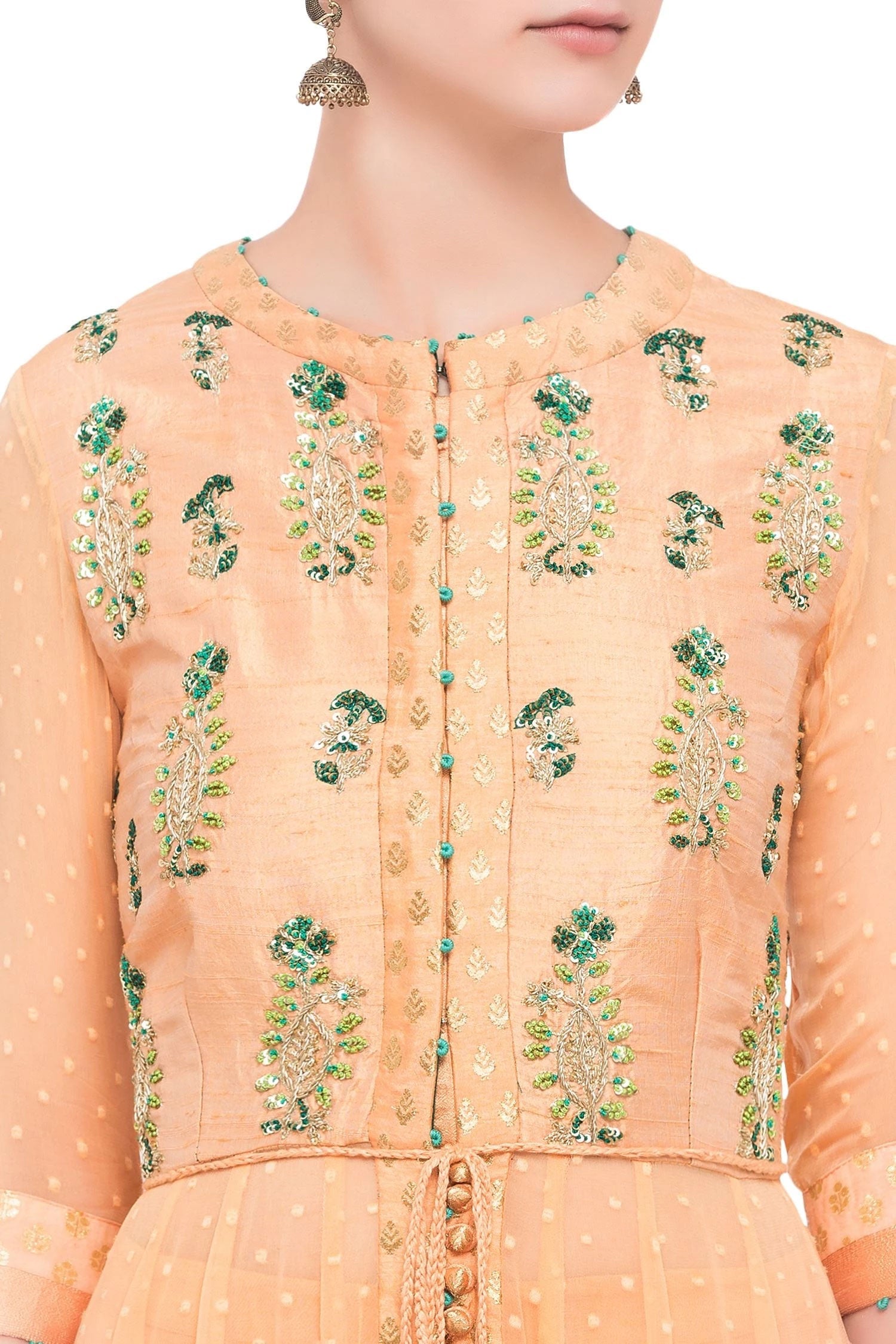 Peach raw silk zardozi anarkali set with green dupatta