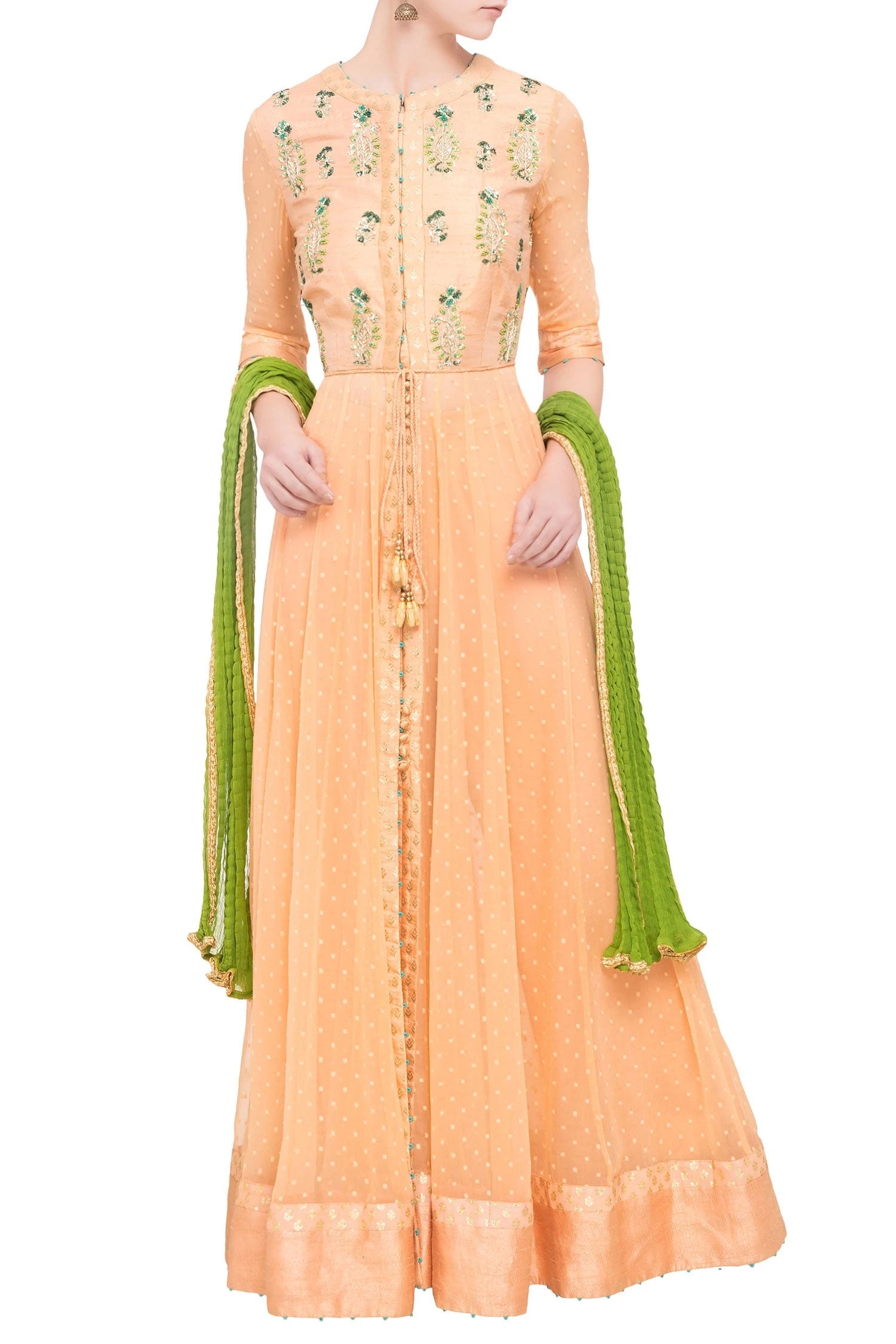 Peach raw silk zardozi anarkali set with green dupatta