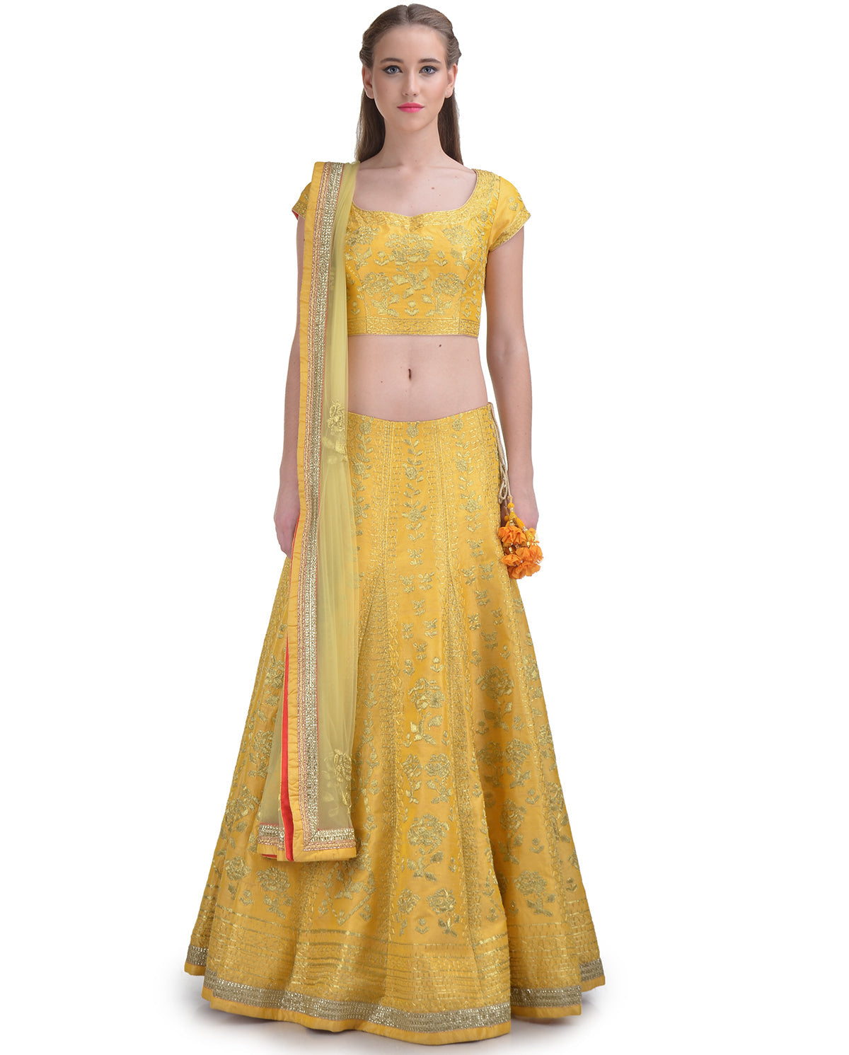 LEMON YELLOW SILK EMBROIDERED DORI AND ZARI LEHENGA SET