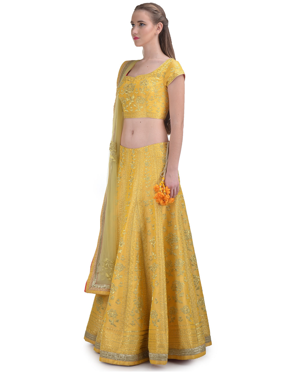 LEMON YELLOW SILK EMBROIDERED DORI AND ZARI LEHENGA SET