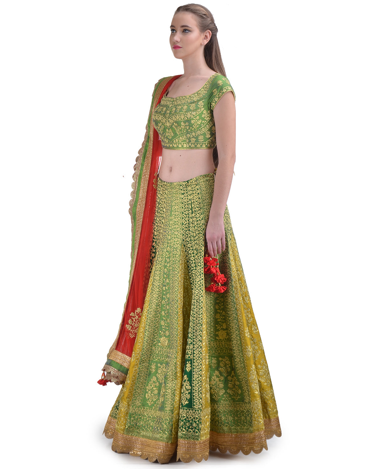 GREEN SILK EMBROIDERED DORI AND ZARI LEHENGA SET