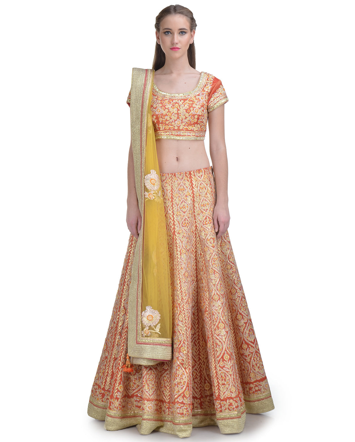 BRICK RED SILK GOTA EMBROIDERED LEHENGA SET