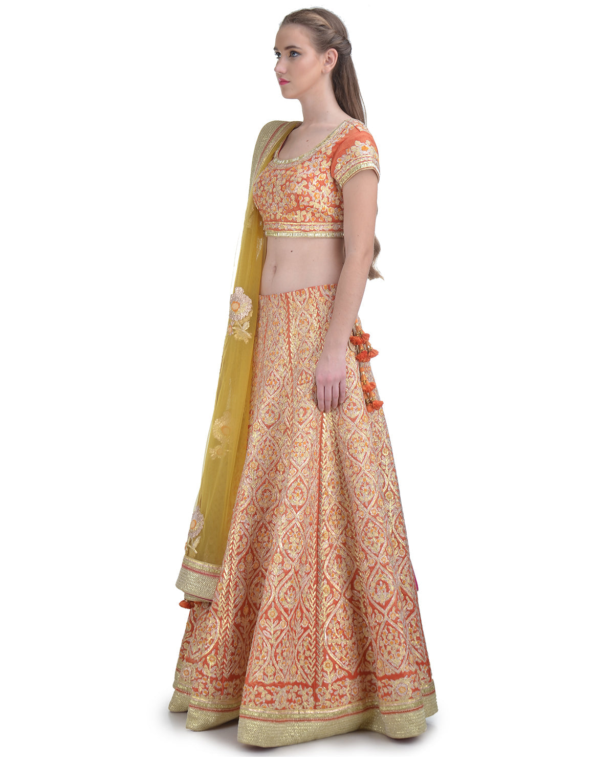 BRICK RED SILK GOTA EMBROIDERED LEHENGA SET