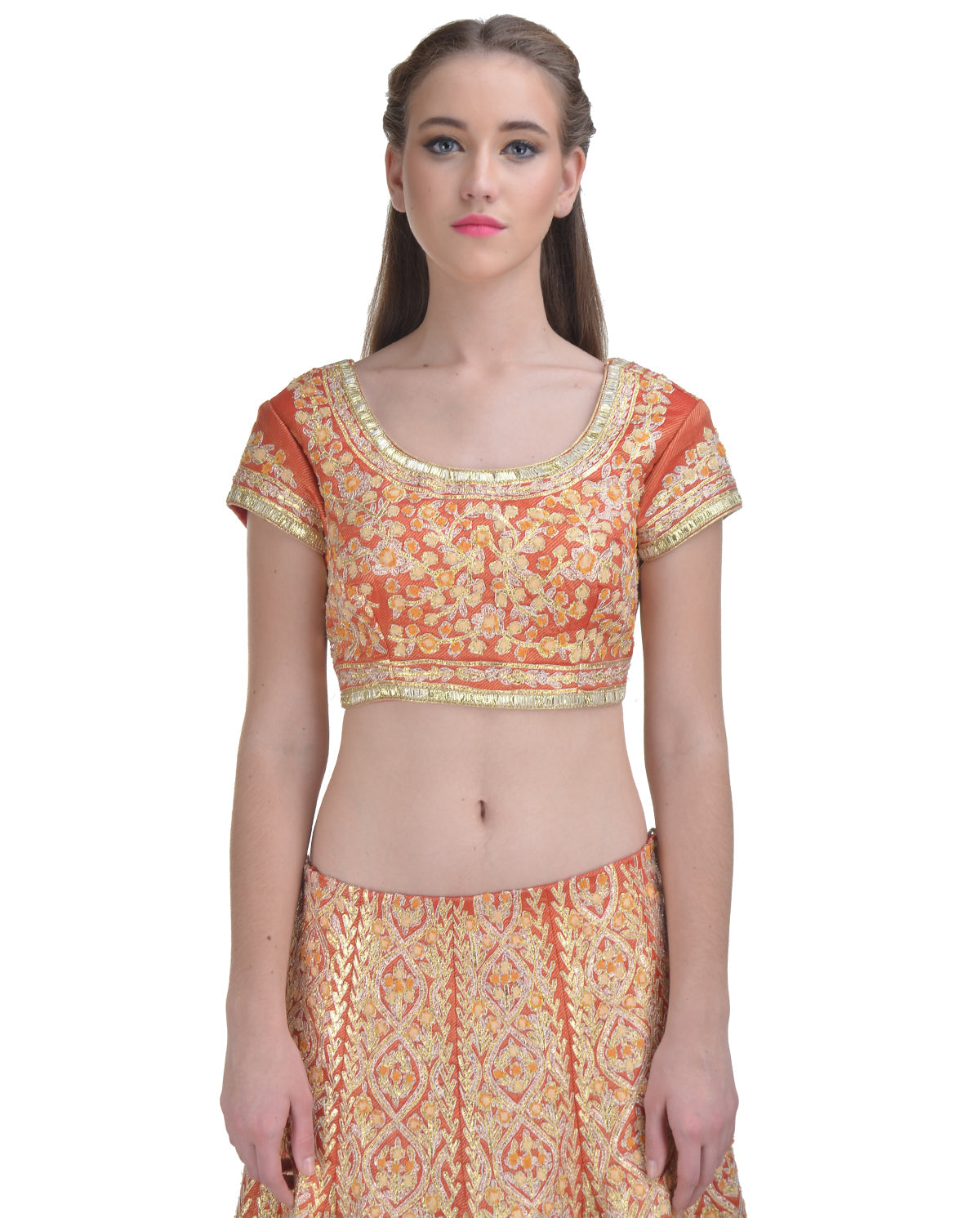 BRICK RED SILK GOTA EMBROIDERED LEHENGA SET