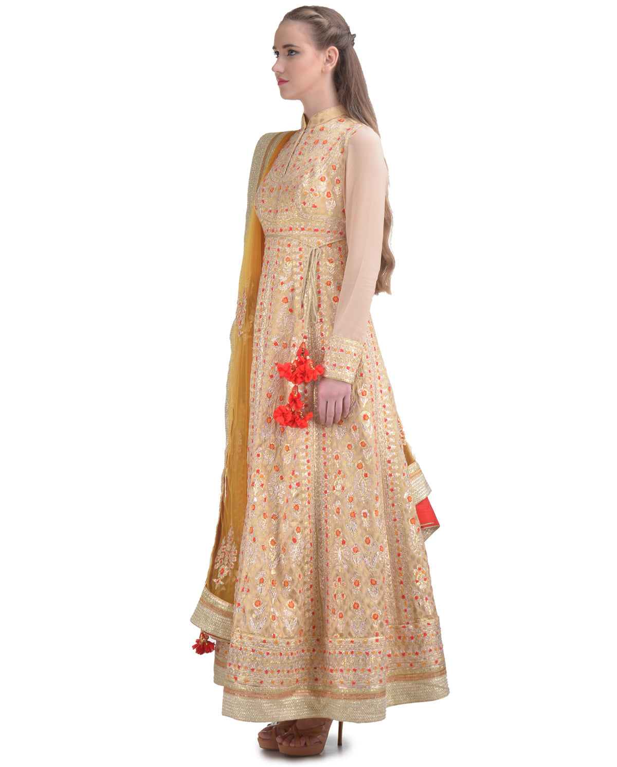 LIGHT BROWN GOTA AND THREAD EMBROIDERED SILK ANARKALI