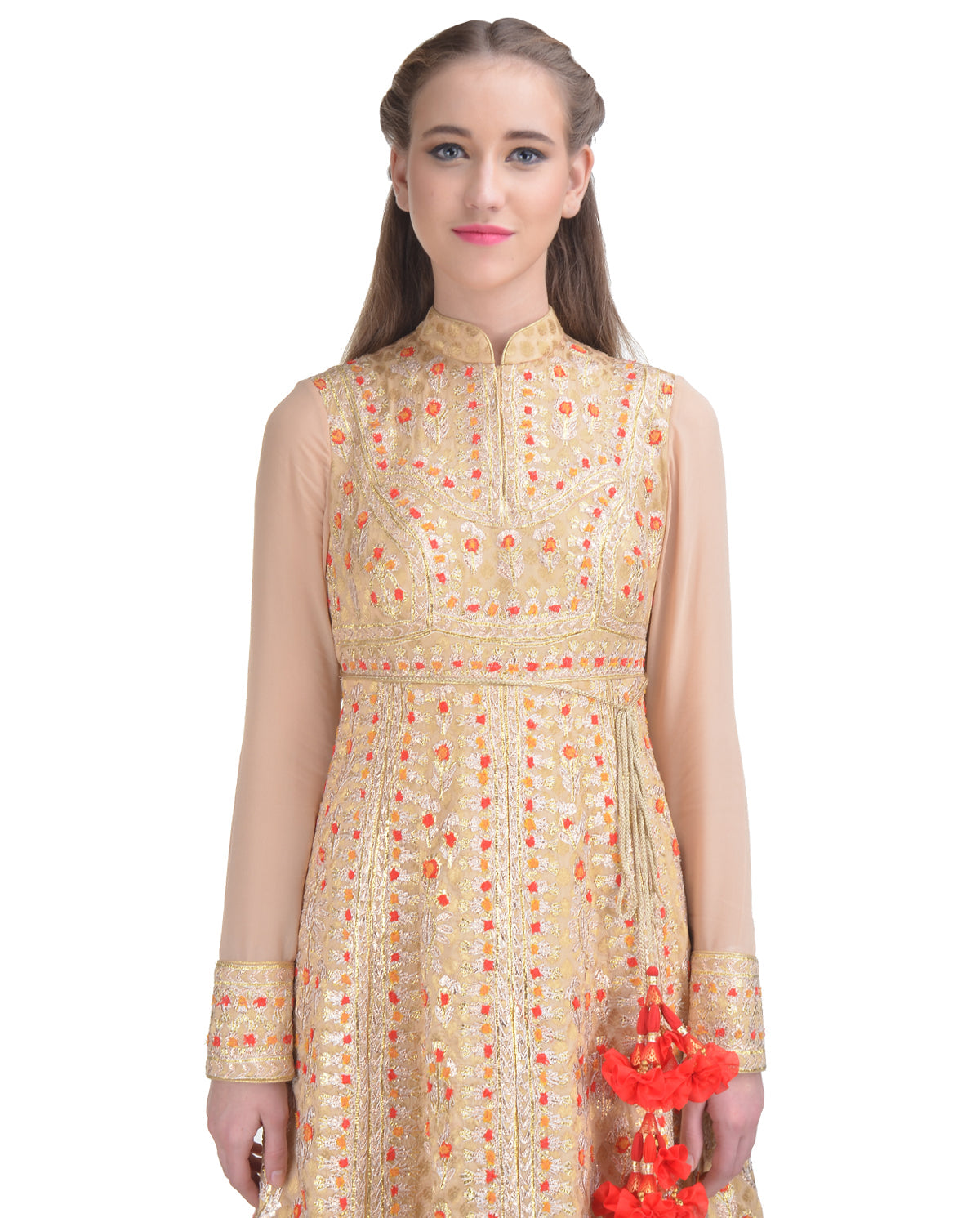 LIGHT BROWN GOTA AND THREAD EMBROIDERED SILK ANARKALI