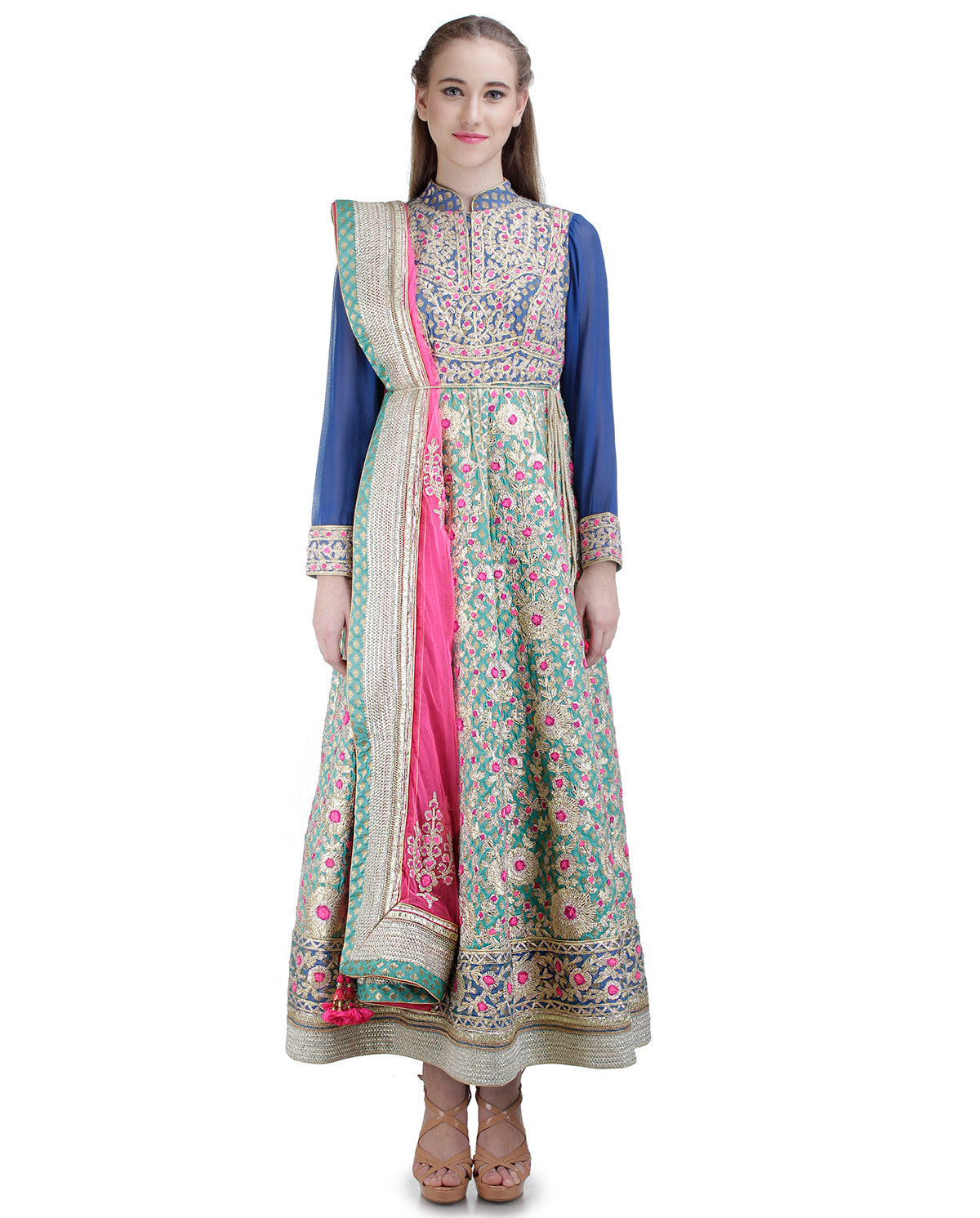 TEAL AND DARK BLUE GOTTA EMBROIDERED ANARKALI