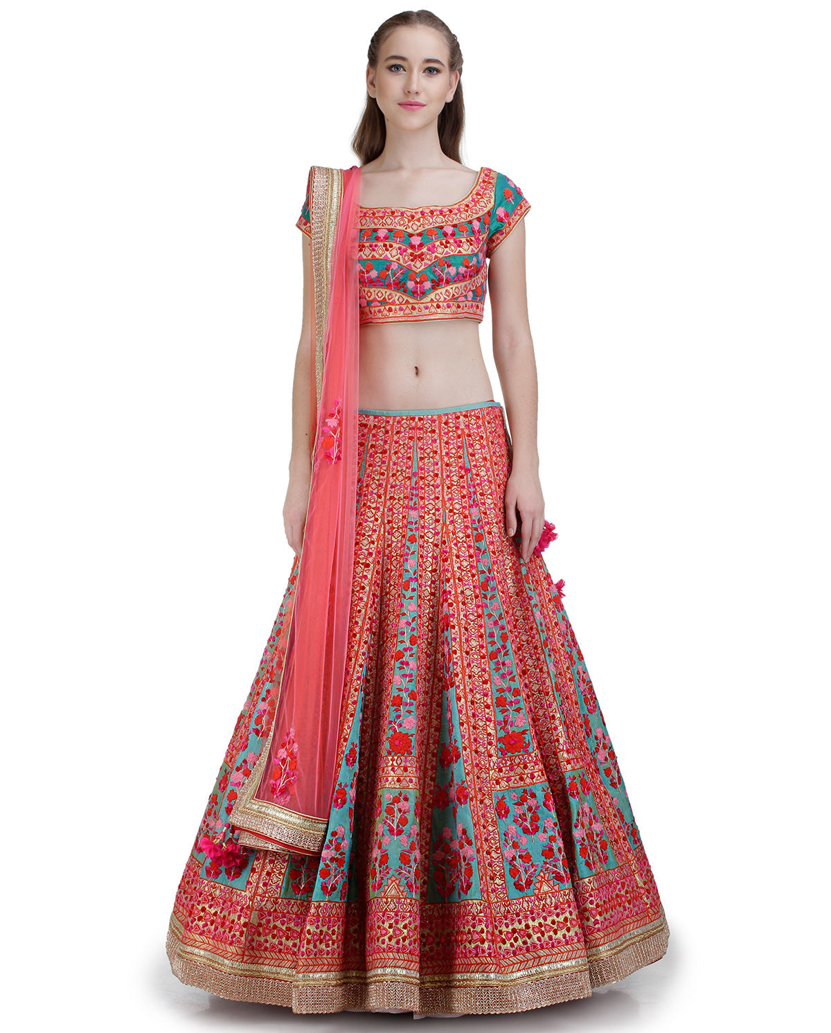 GOTA/THREAD FLORAL MOTIF EMBROIDERED LEHENGA ON BLUE BASE