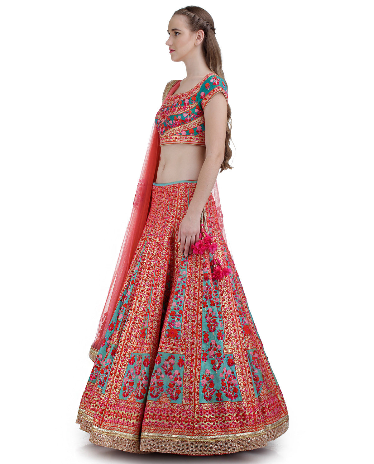 GOTA/THREAD FLORAL MOTIF EMBROIDERED LEHENGA ON BLUE BASE