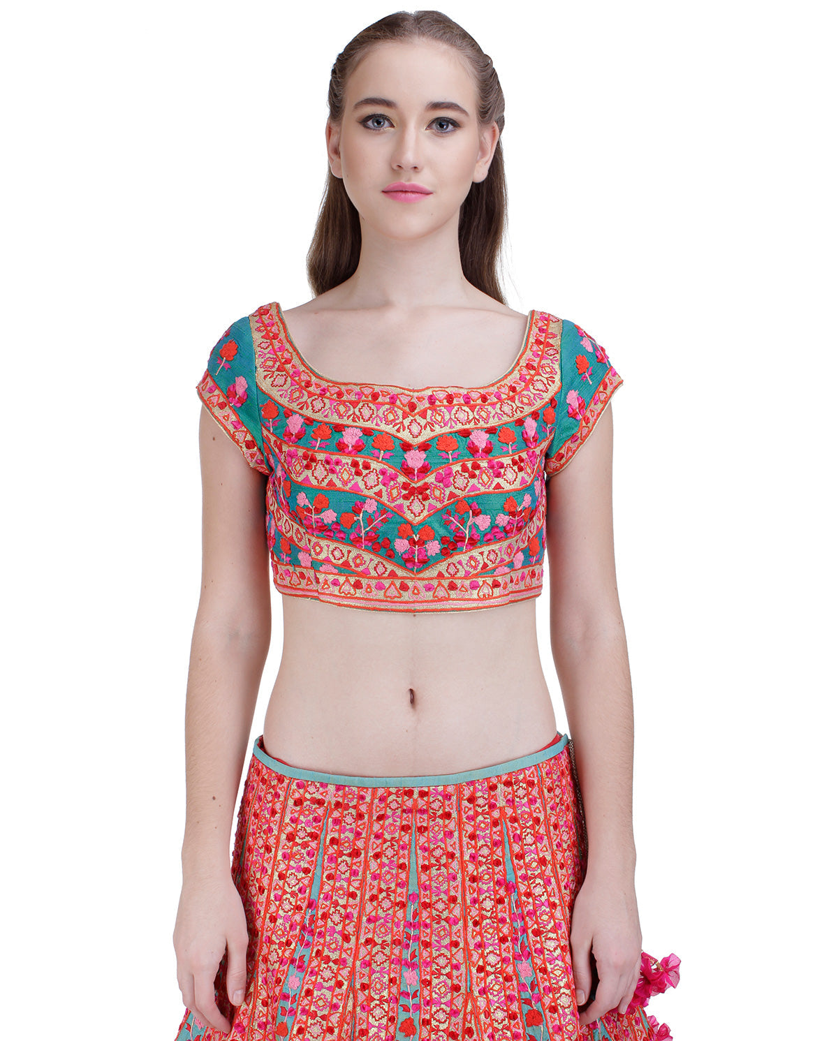 GOTA/THREAD FLORAL MOTIF EMBROIDERED LEHENGA ON BLUE BASE