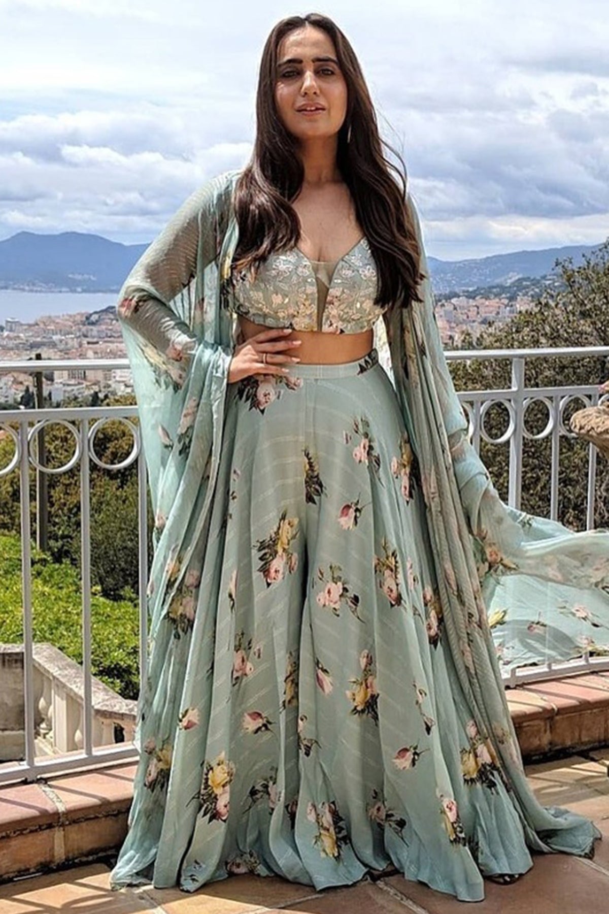 Kusha Kapila In Aquamarine Cape Palazzo Set