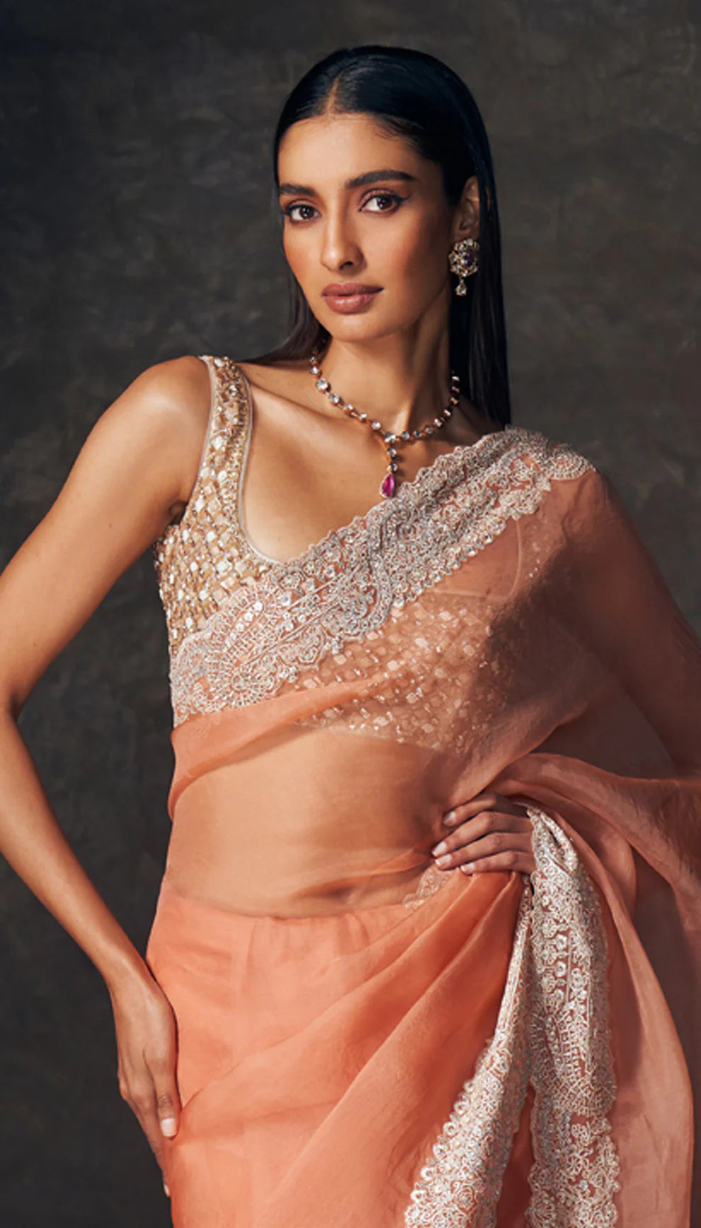 Peach Floating Paisley Kalidar Saree