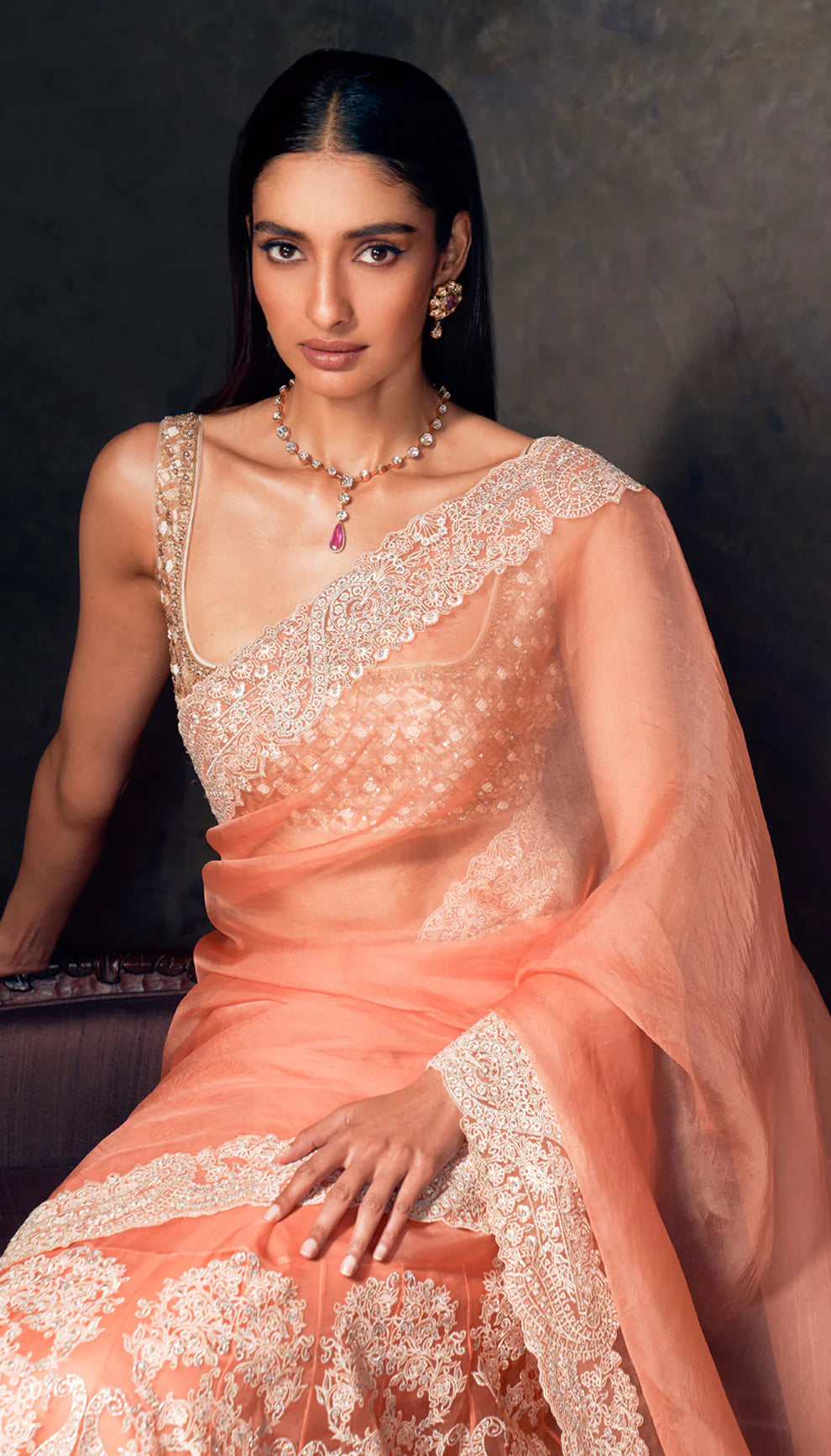 Peach Floating Paisley Kalidar Saree