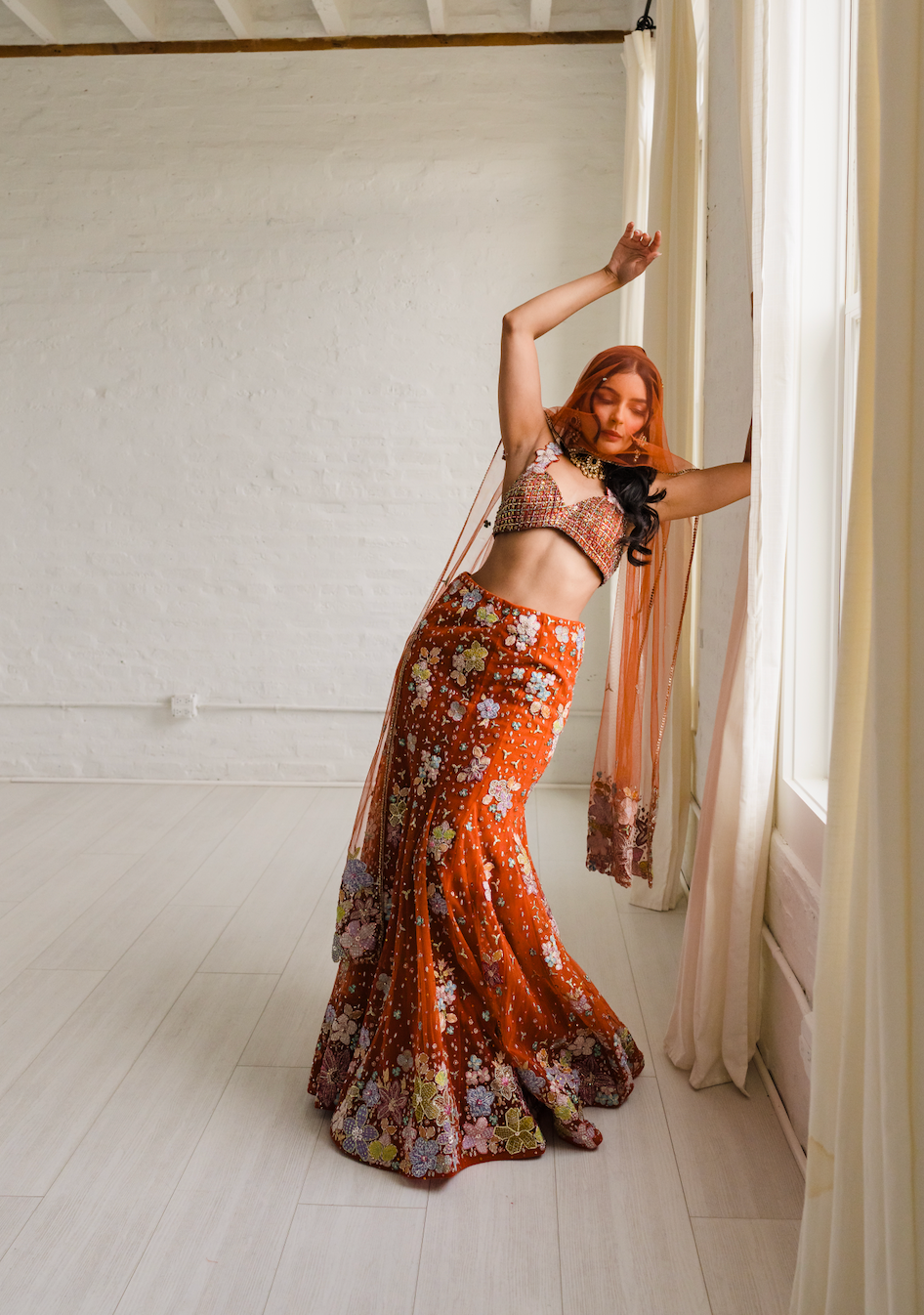 Verphine - Orange Tulle Net Mermaid Lehenga Set - Ready To Ship
