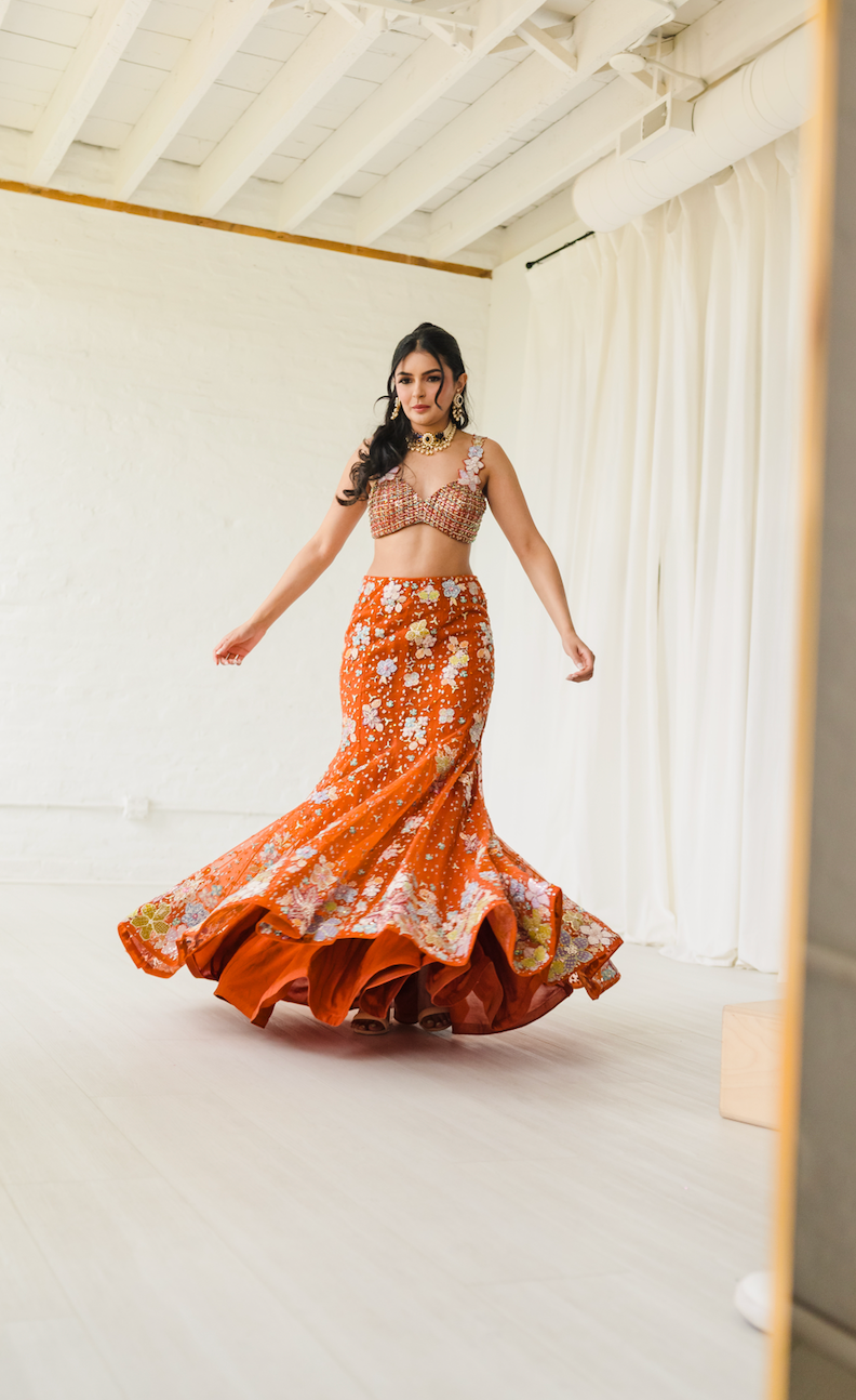 Verphine - Orange Tulle Net Mermaid Lehenga Set - Ready To Ship