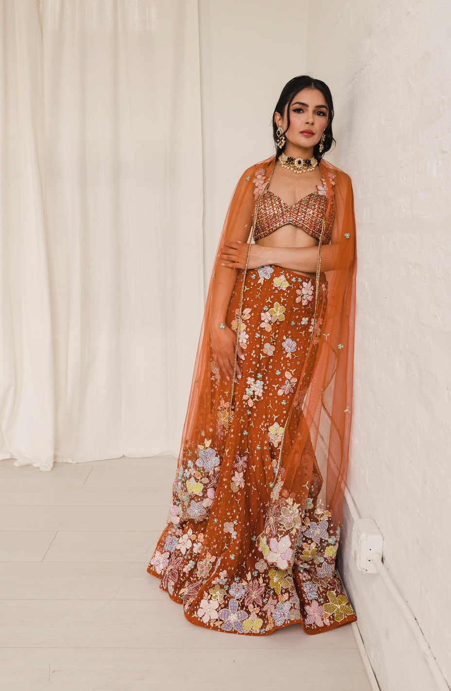 Verphine - Orange Tulle Net Mermaid Lehenga Set - Ready To Ship