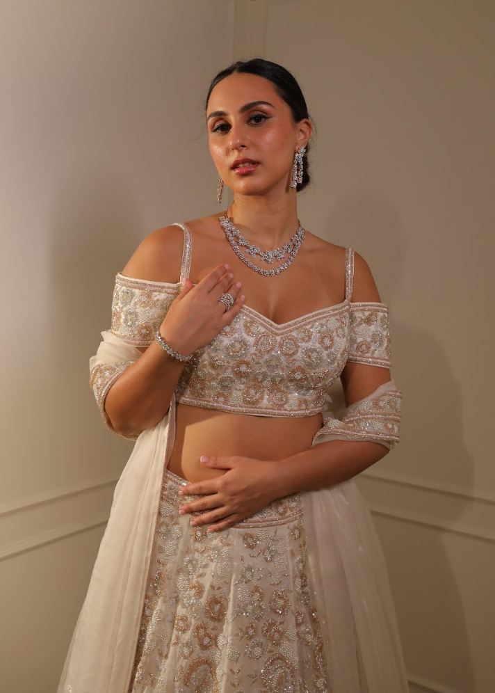 Ivory & Silver & Bronze Bridal Lehenga - Ready To Ship
