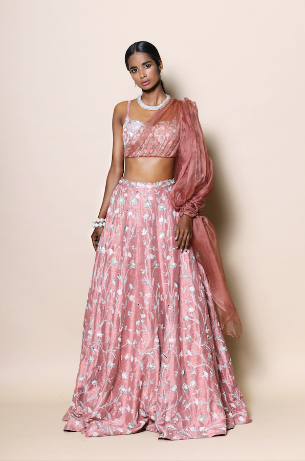 Corset Blouse With Organza Sleeve And Full Embellished Lehenga Set