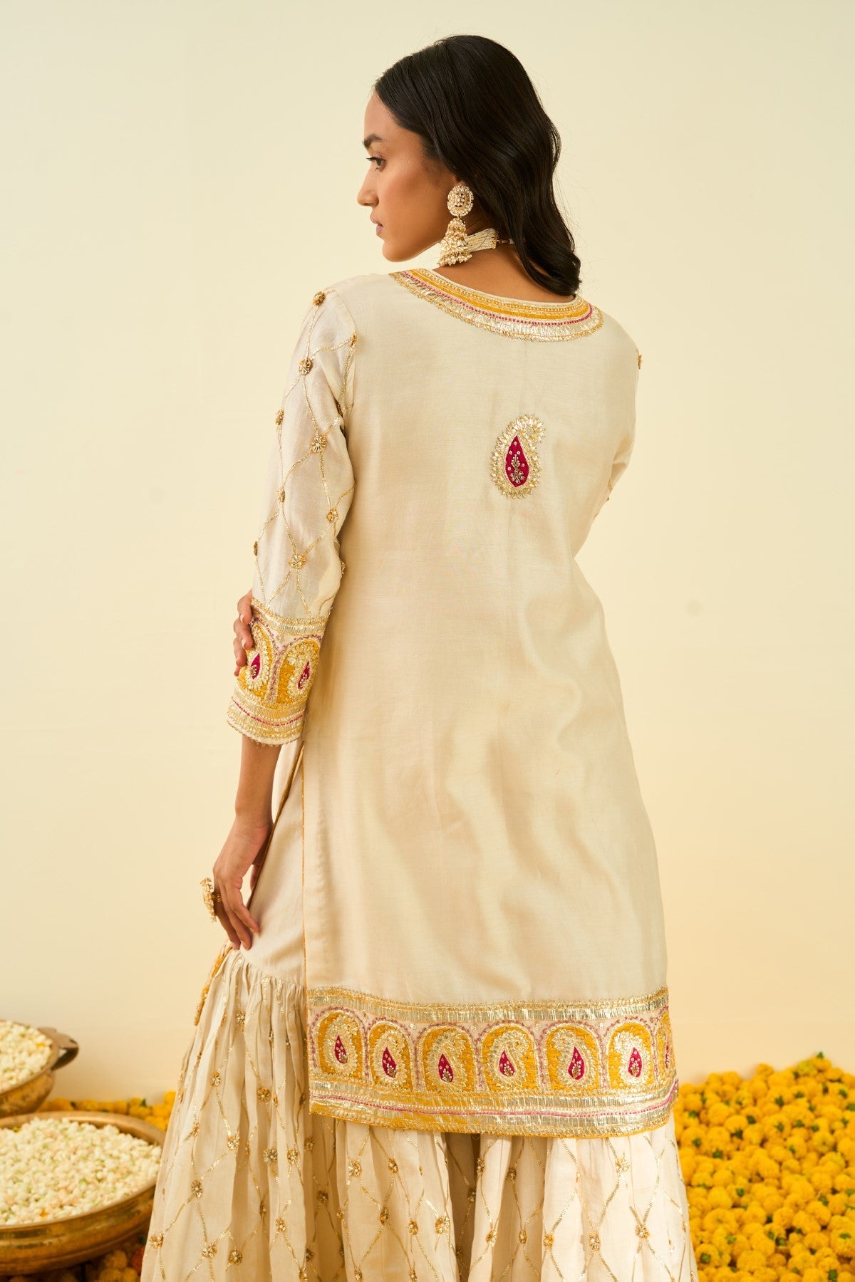 Shabina- Daisy Ivory  short kurta with garara and dupatta