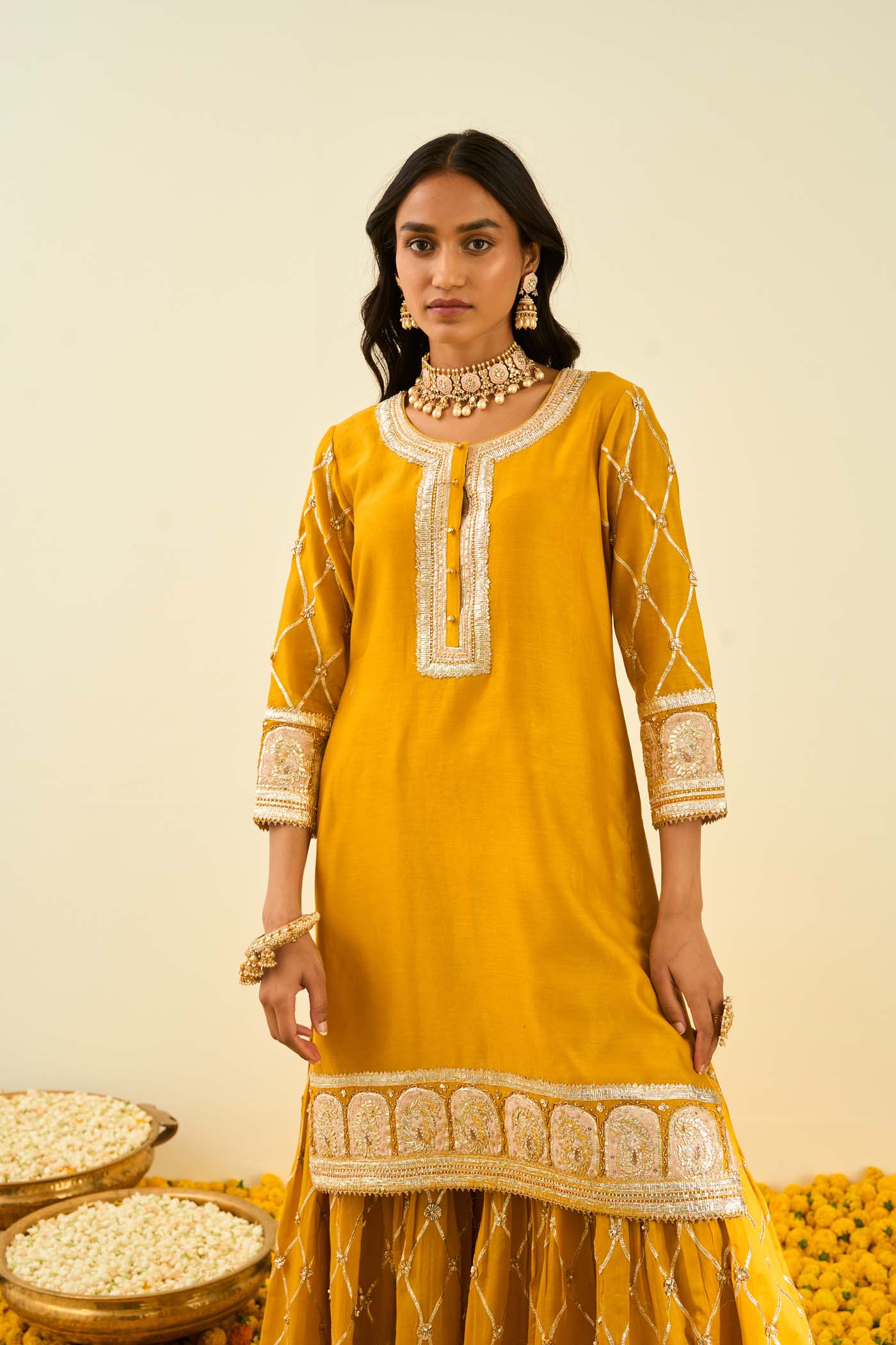 Shabina- Glaze Mustard short kurta with garara and dupatta