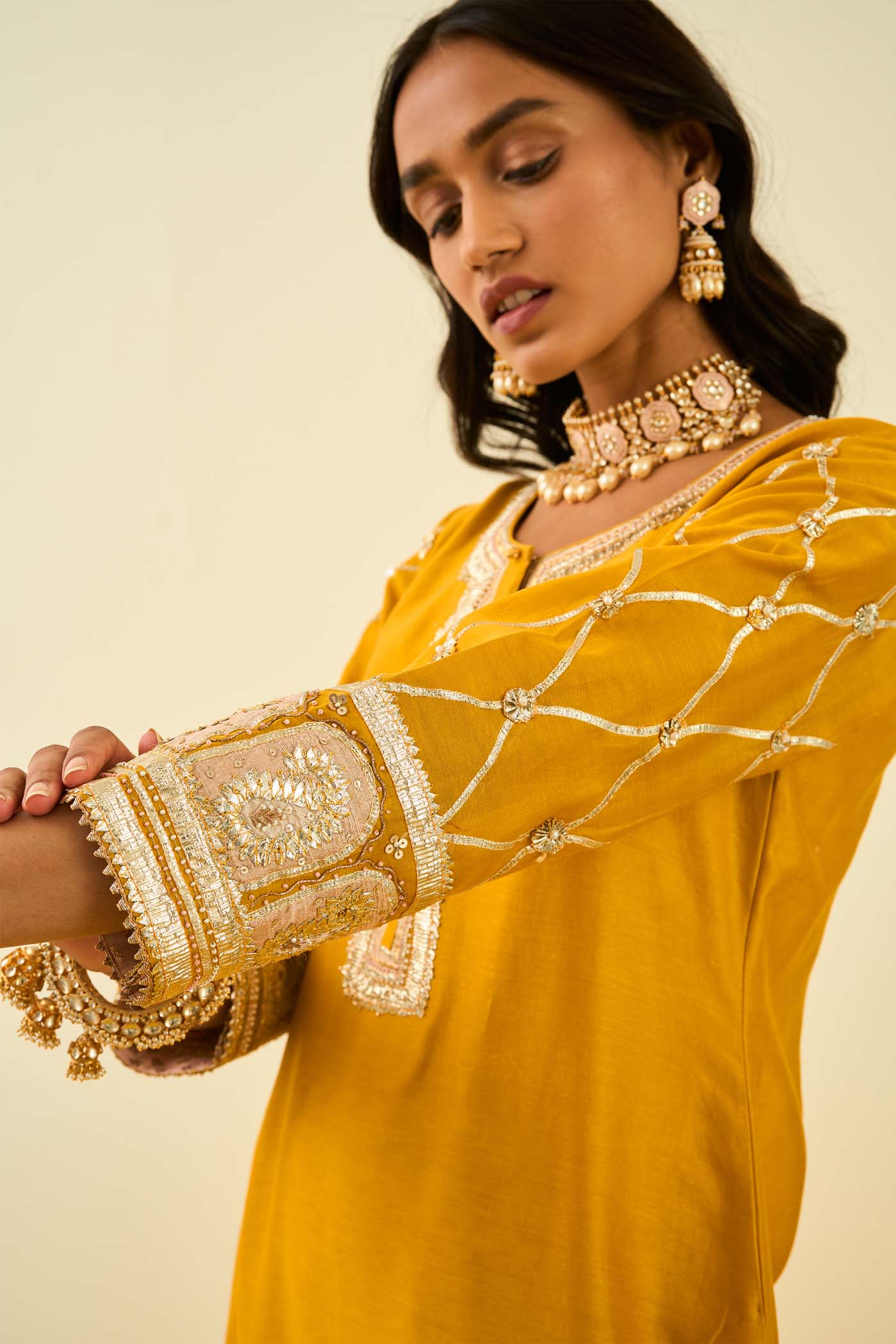 Shabina- Glaze Mustard short kurta with garara and dupatta