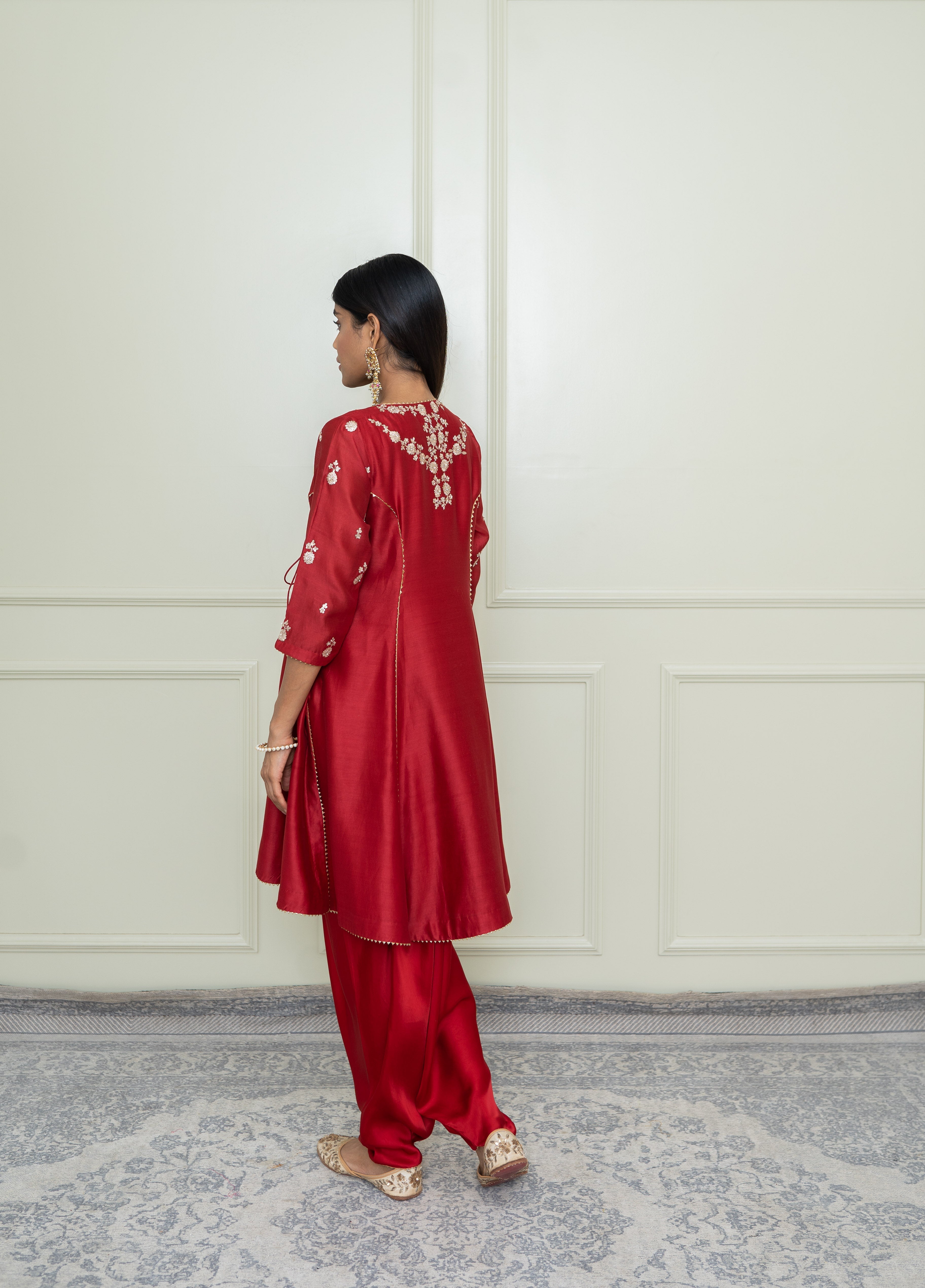 Shafira-Scarlet Red Tilla Embroidered Angrakha Kurta Set