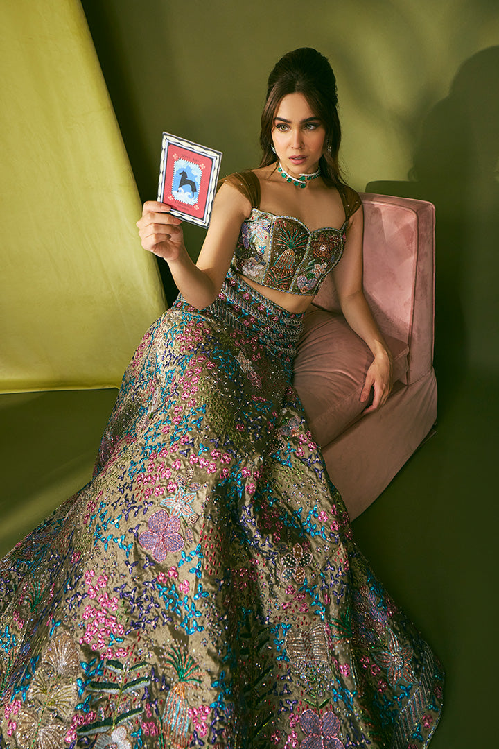 Sharvari In Olésia - Olive Tissue Ruched Lehenga Set